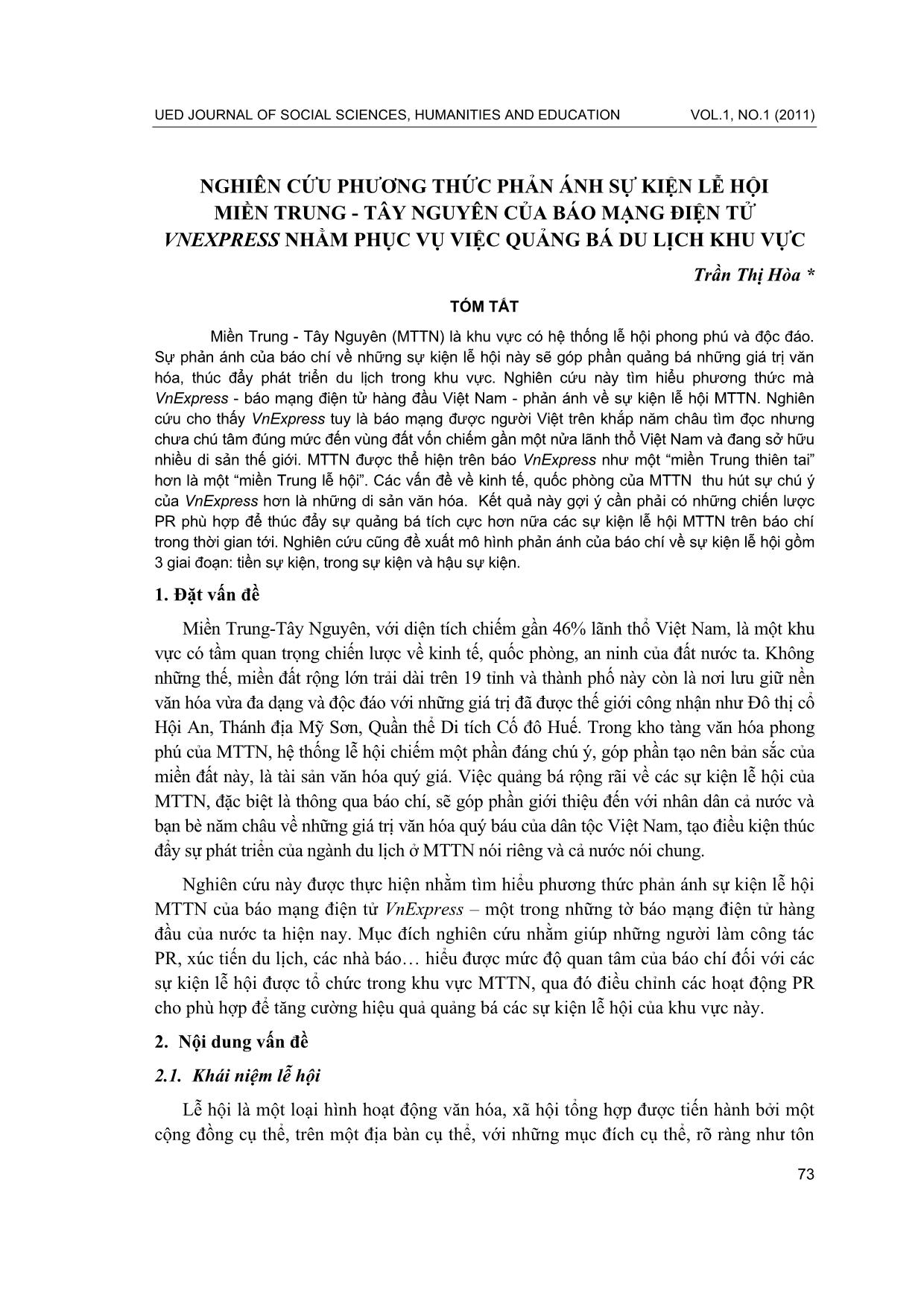 Nghiên cứu phương thức phản ánh sự kiện lễ hội miền Trung-Tây nguyên của báo mạng điện tử VnExpress nhằm phục vụ việc quảng bá du lịch khu vực trang 1