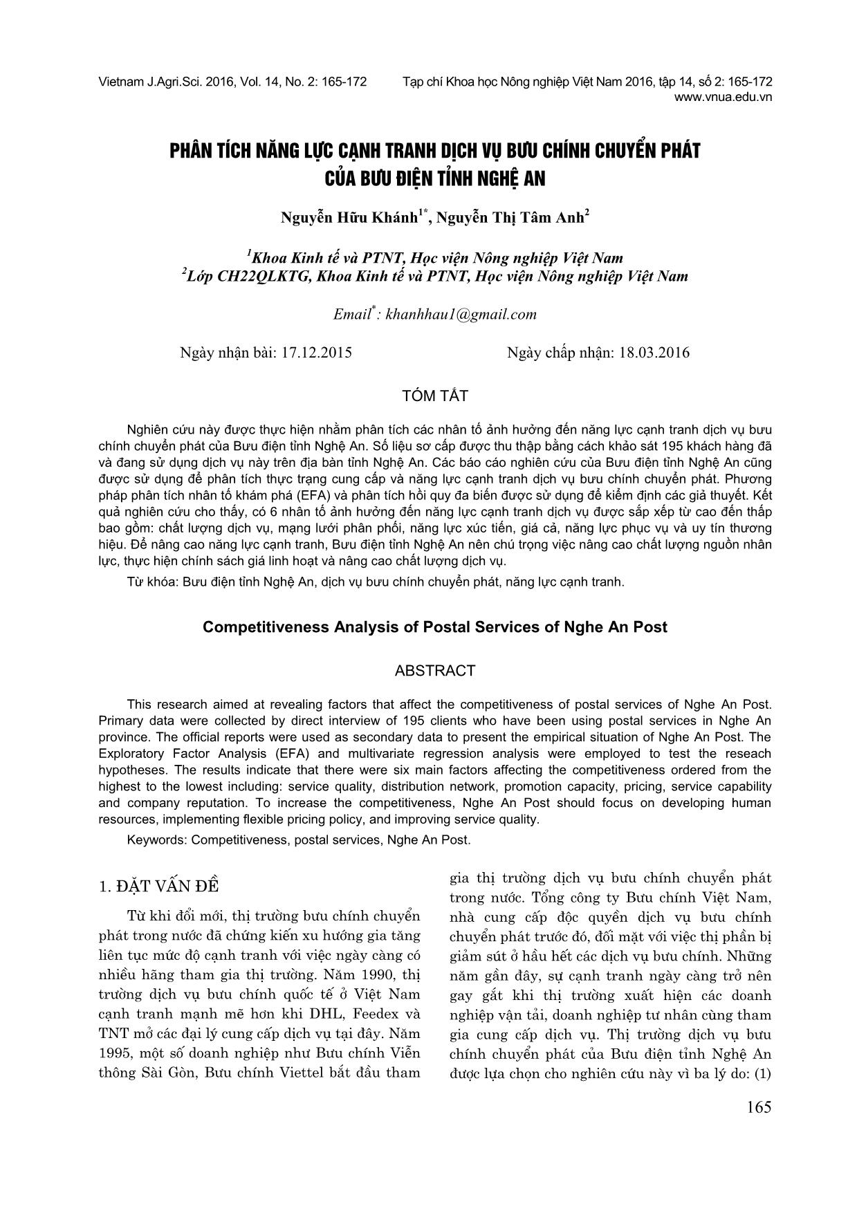 Phân tích năng lực cạnh tranh dịch vụ bưu chính chuyển phát của bưu điện tỉnh Nghệ An trang 1