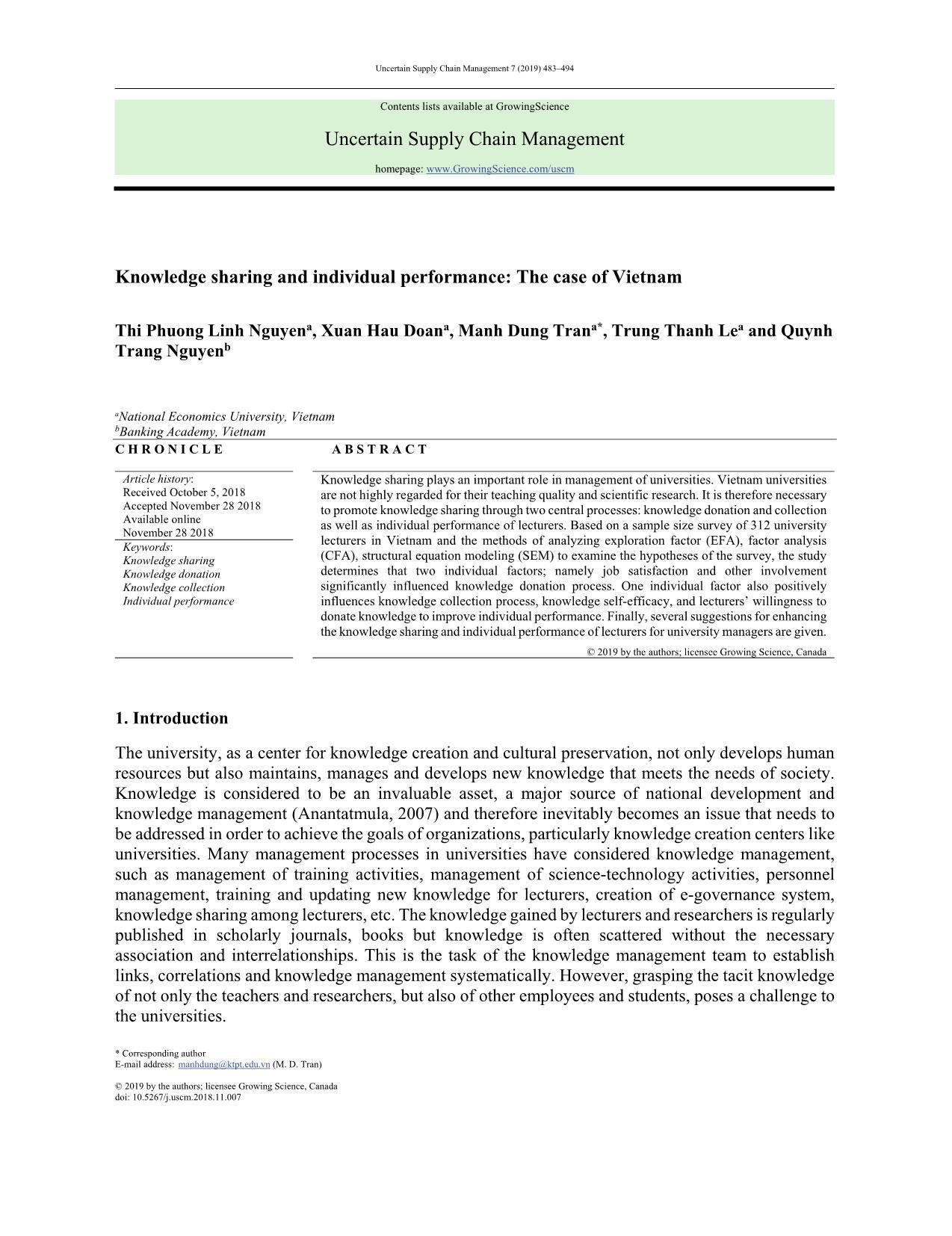 Knowledge sharing and individual performance: The case of Vietnam trang 1