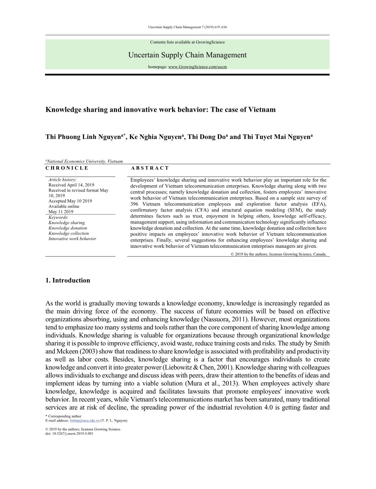 Knowledge sharing and innovative work behavior: The case of Vietnam trang 1