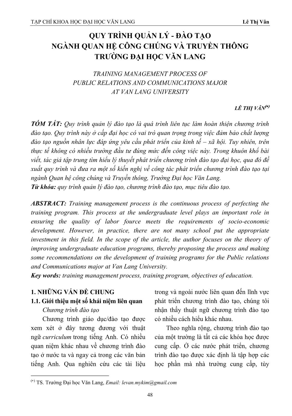 Quy trình quản lý - đào tạo ngành Quan hệ công chúng và truyền thông trường Đại học Văn Lang trang 1