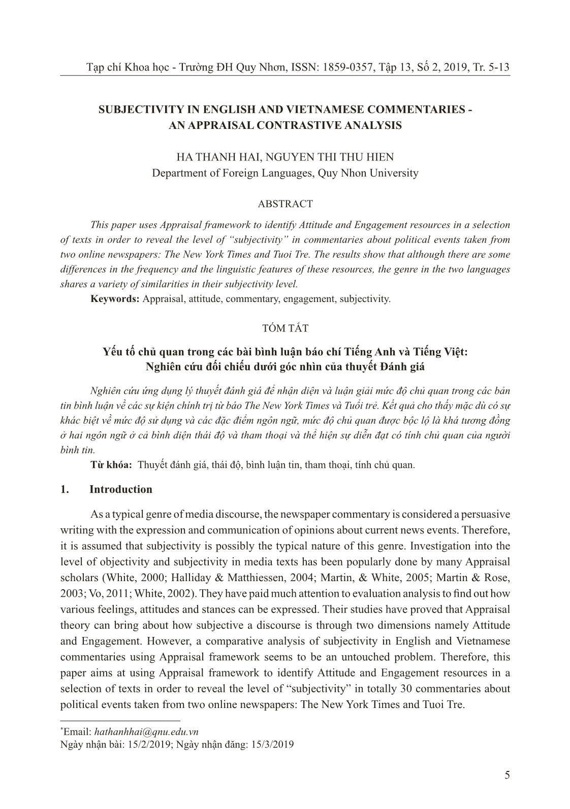 Subjectivity in English and Vietnamese commentaries - An appraisal contrastive analysis trang 1