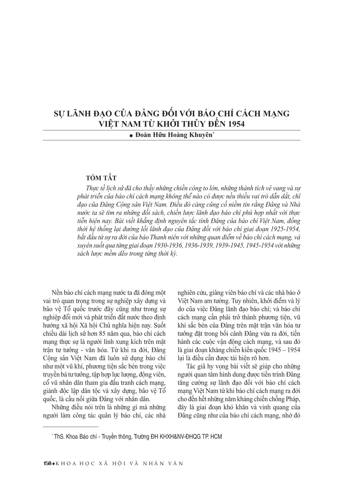 Sự lãnh đạo của đảng đối với báo chí cách mạng Việt Nam từ khởi thủy đến 1954 trang 1