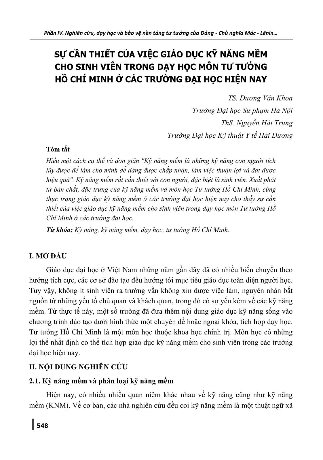 Sự cần thiết của việc giáo dục kỹ năng mềm cho sinh viên trong dạy học môn tư tưởng Hồ Chí Minh ở các trường Đại học hiện nay trang 1