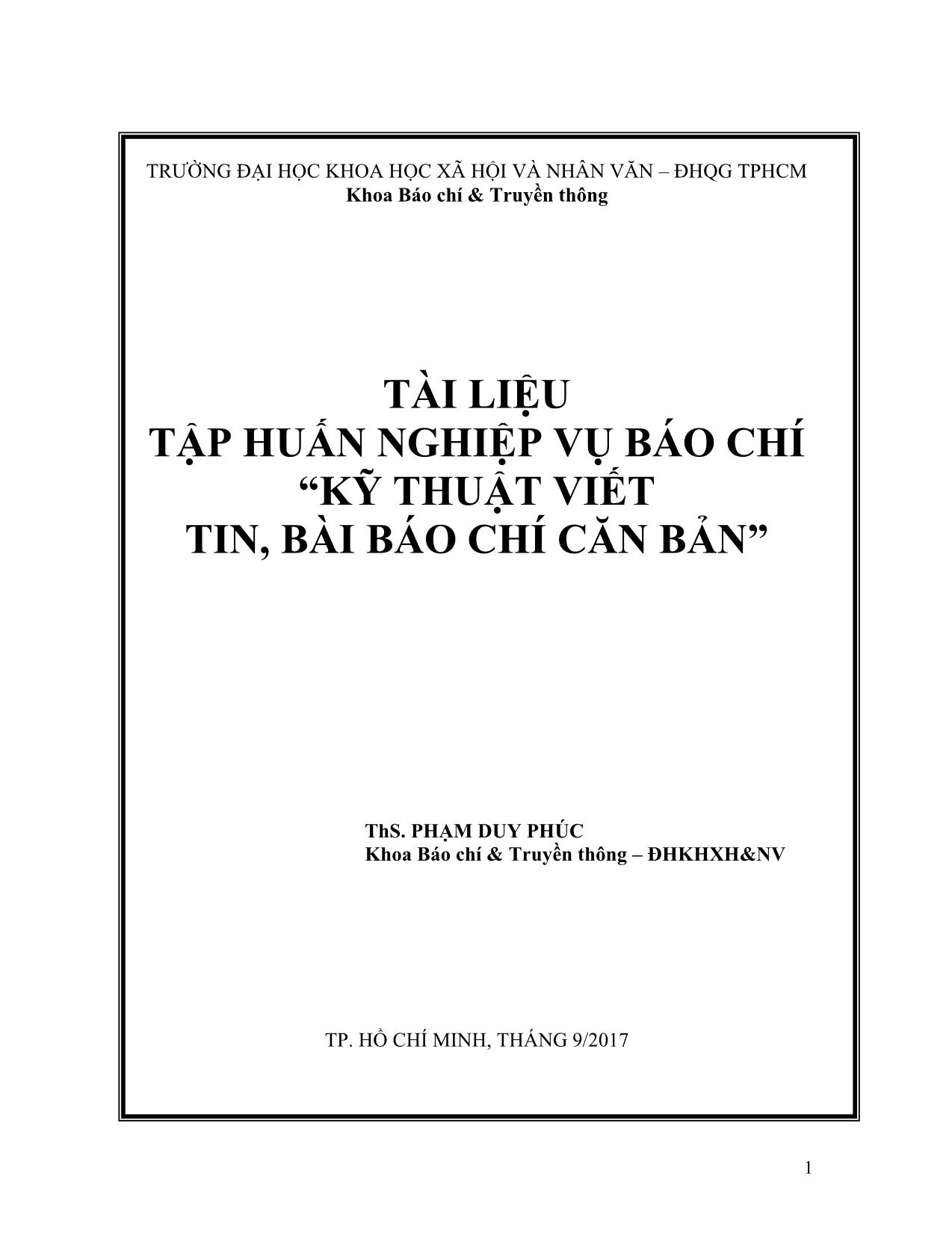 Tài liệu tập huấn nghiệp vụ báo chí “Kỹ thuật viết tin, bài báo chí căn bản” trang 1