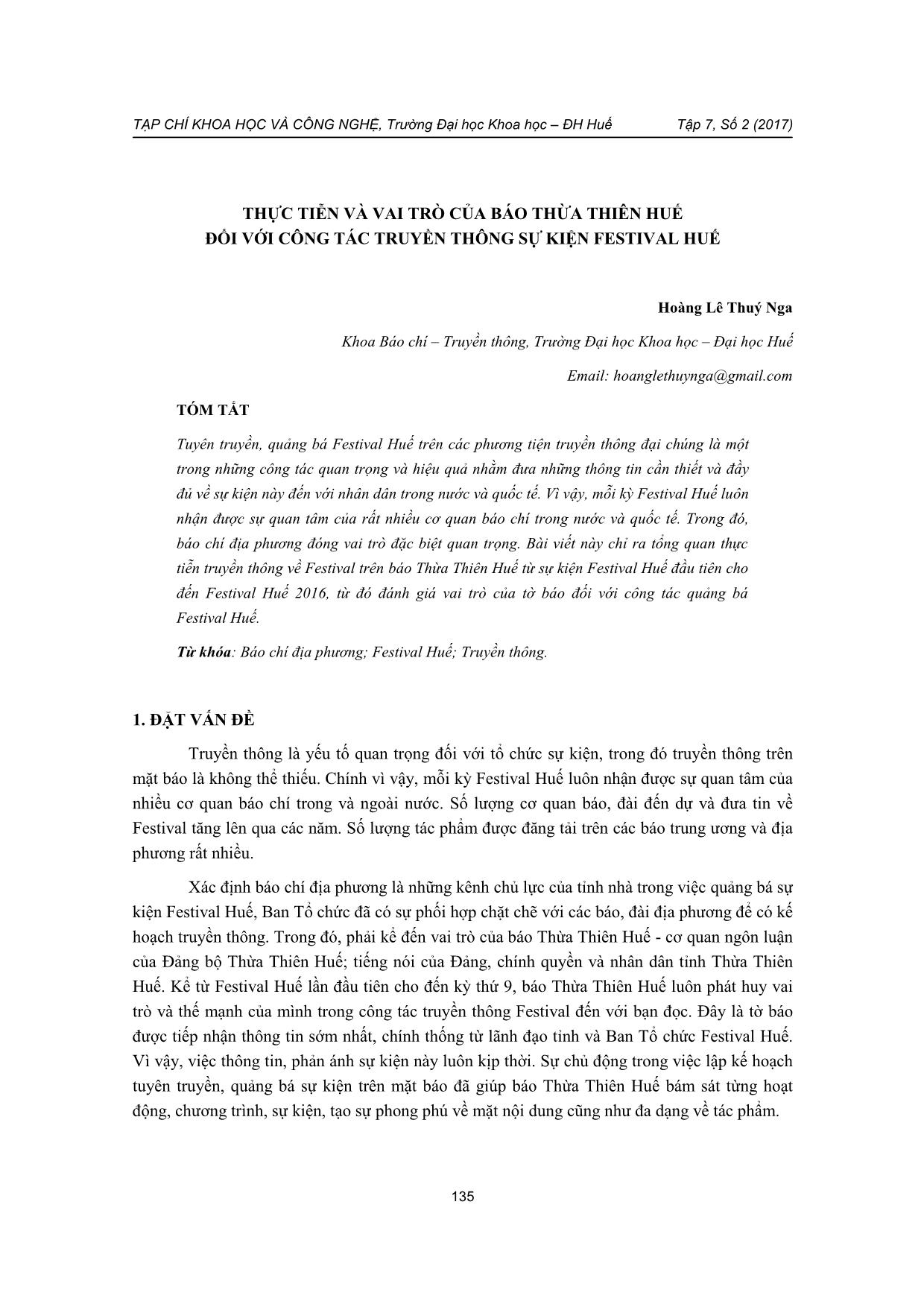 Thực tiễn và vai trò của báo Thừa Thiên Huế đối với công tác truyền thông sự kiện Festival Huế trang 1