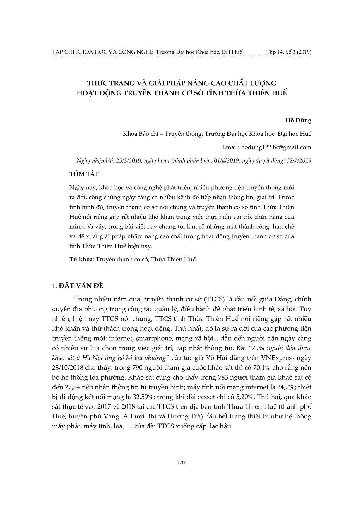 Thực trạng và giải pháp nâng cao chất lượng hoạt động truyền thanh cơ sở tỉnh Thừa Thiên Huế trang 1