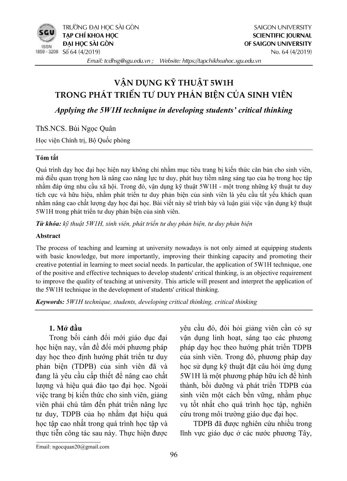 Vận dụng kỹ thuật 5W1H trong phát triển tư duy phản biện của sinh viên trang 1