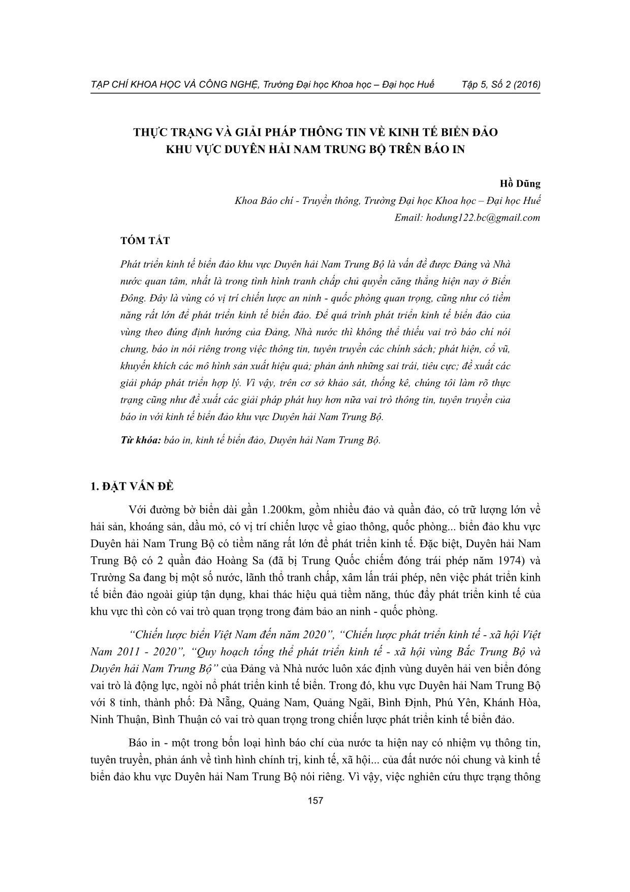 Thực trạng và giải pháp thông tin về kinh tế biển đảo khu vực duyên hải Nam Trung Bộ trên báo in trang 1