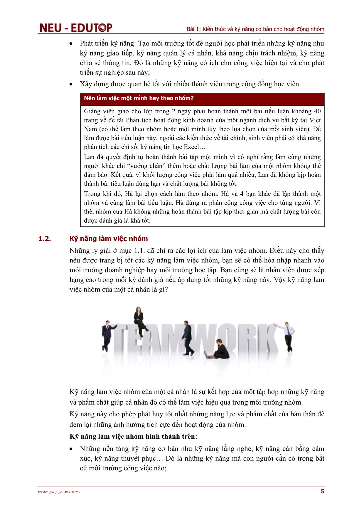 Bài giảng Kỹ năng quản trị - Bài 1: Kiến thức và kỹ năng cơ bản cho hoạt động nhóm trang 5