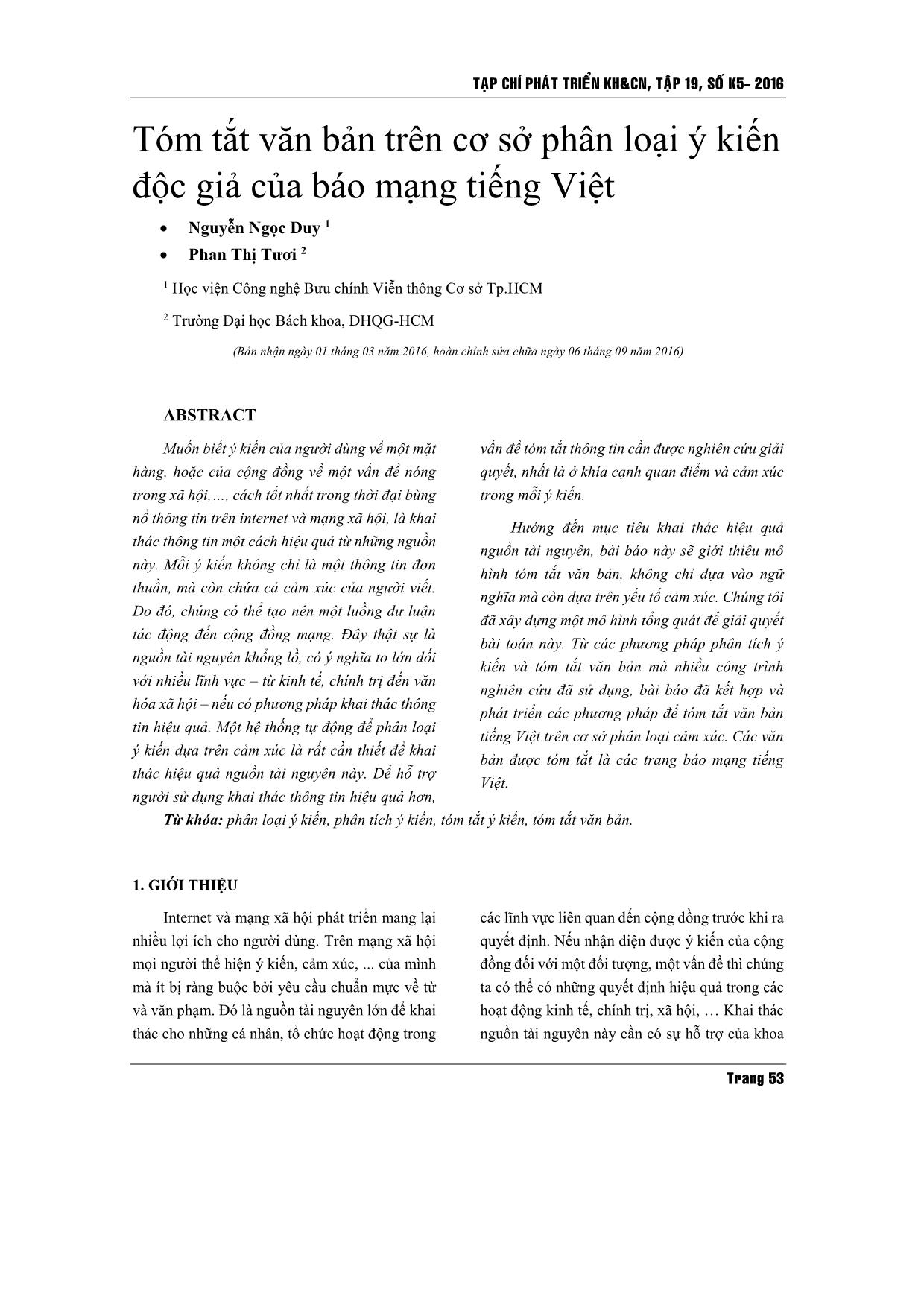 Tóm tắt văn bản trên cơ sở phân loại ý kiến độc giả của báo mạng tiếng Việt trang 1