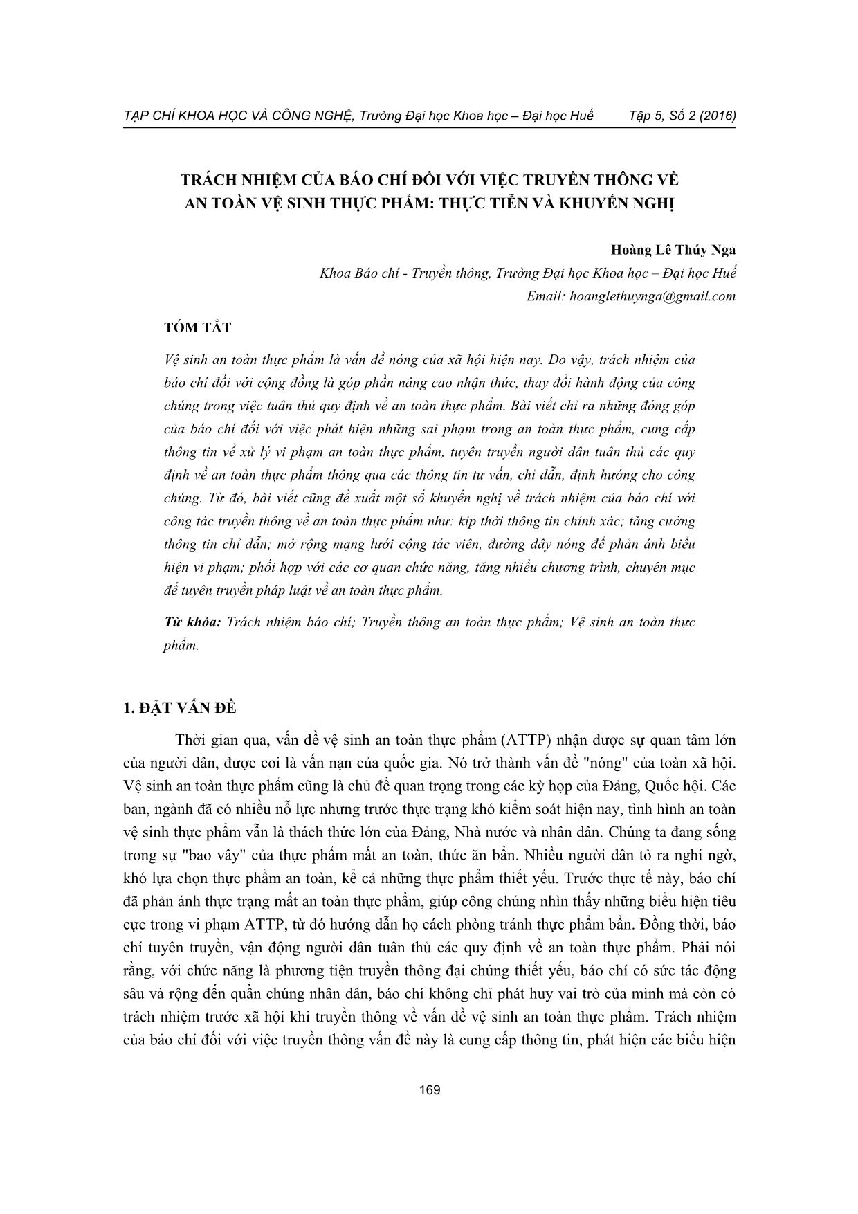 Trách nhiệm của báo chí đối với việc truyền thông về an toàn vệ sinh thực phẩm: Thực tiễn và khuyến nghị trang 1