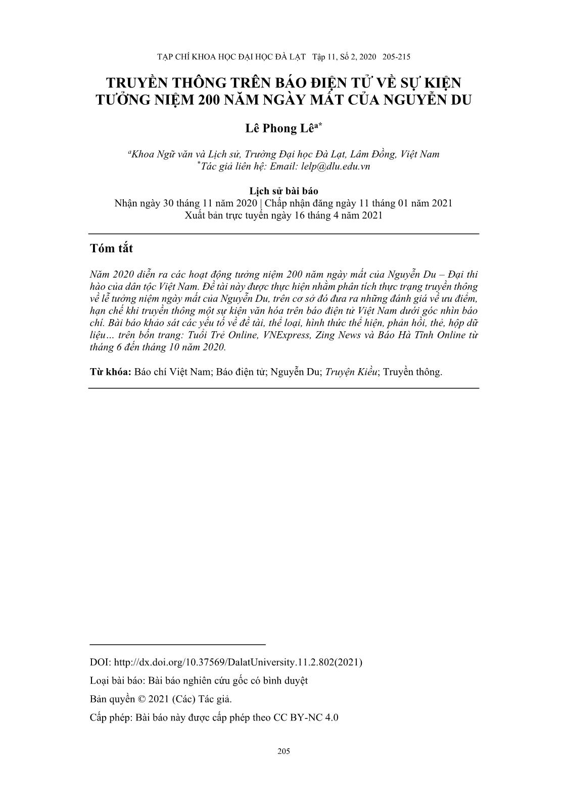 Truyền thông trên báo điện tử về sự kiện tưởng niệm 200 năm ngày mất của Nguyễn Du trang 1