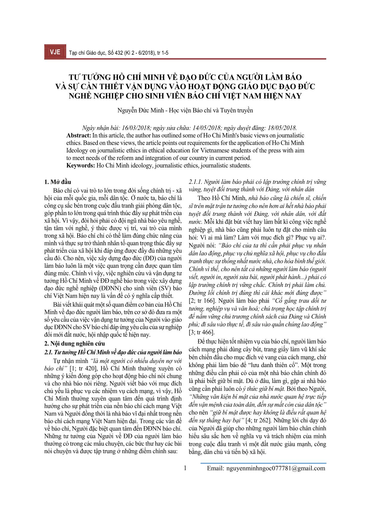 Tư tưởng Hồ Chí Minh về đạo đức của người làm báo và sự cần thiết vận dụng vào hoạt động giáo dục đạo đức nghề nghiệp cho sinh viên báo chí Việt Nam hiện nay trang 1