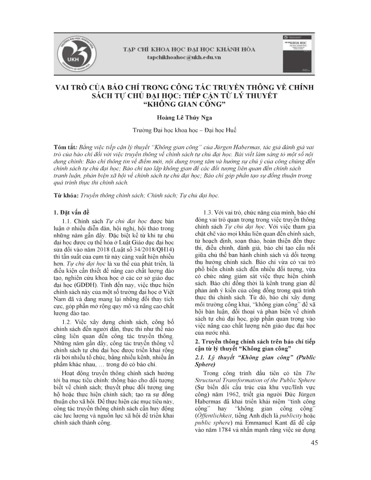 Vai trò của báo chí trong công tác truyền thông về chính sách tự chủ đại học: Tiếp cận từ lý thuyết “Không gian công” trang 1