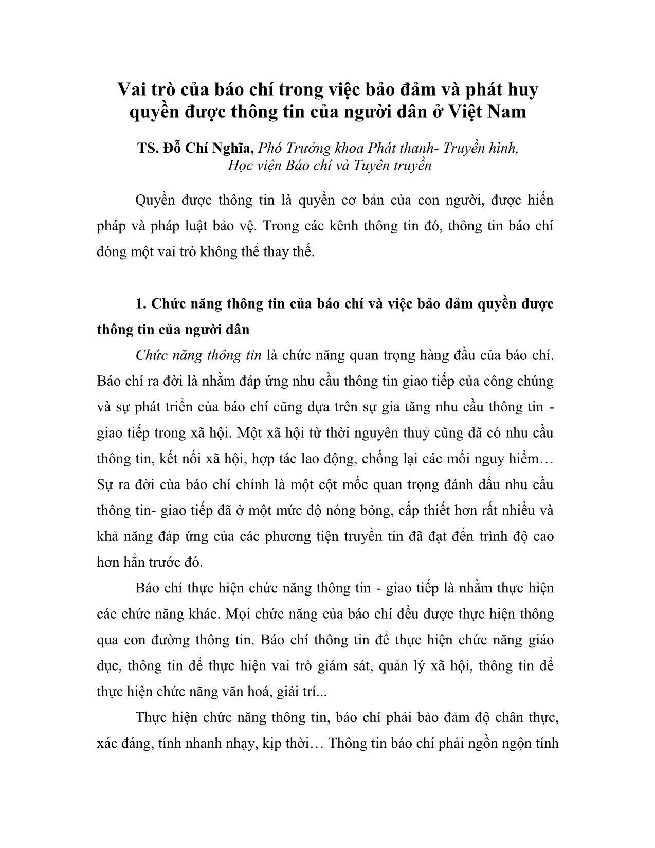 Vai trò của báo chí trong việc bảo đảm và phát huy quyền được thông tin của người dân ở Việt Nam trang 1