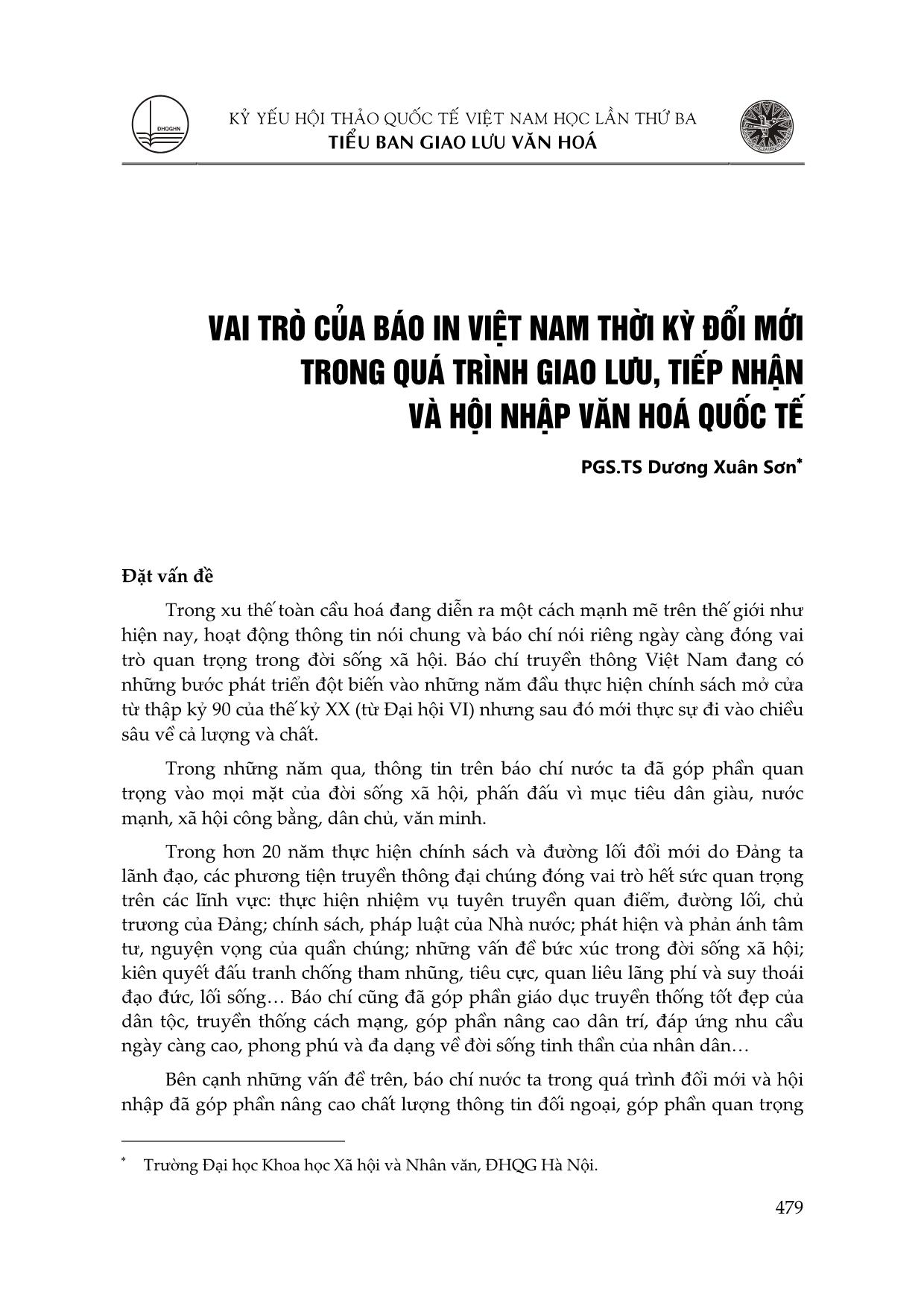 Vai trò của báo in Việt Nam thời kỳ đổi mới trong quá trình giao lưu, tiếp nhận và hội nhập văn hoá quốc tế trang 1