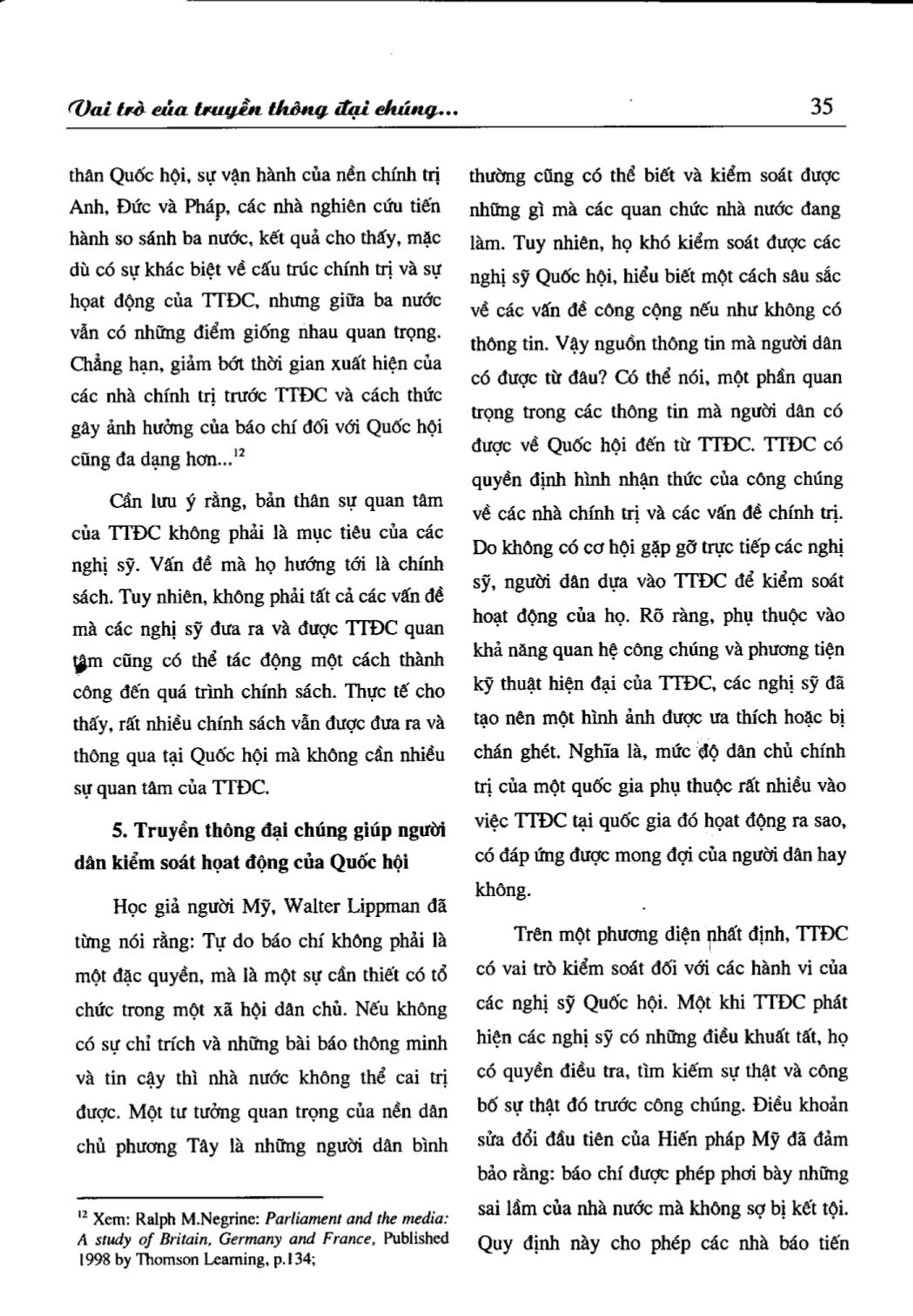 Vai trò của truyền thông đại chúng trong hoạt động của cơ quan lập pháp các nước phương Tây trang 10