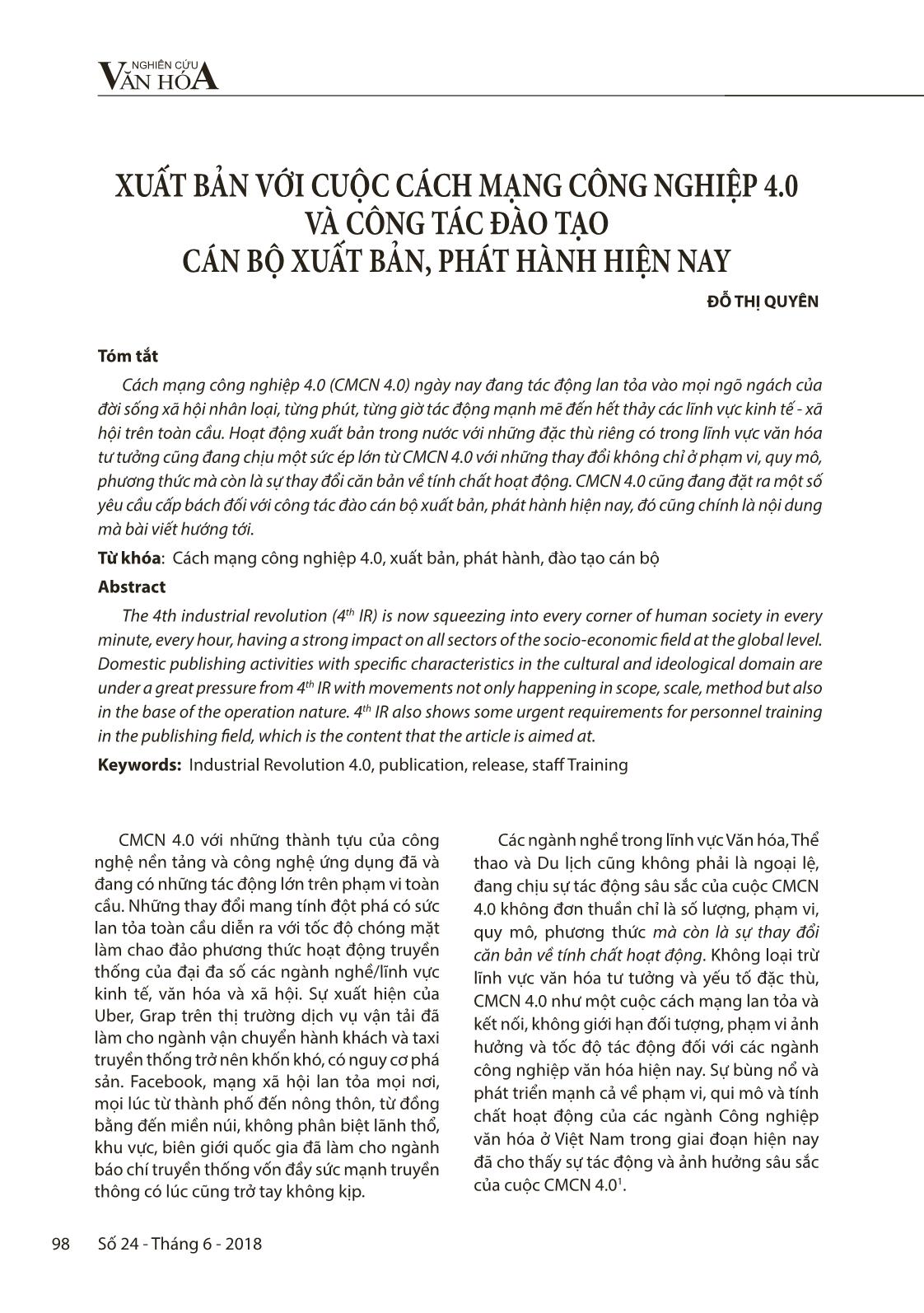 Xuất bản với cuộc cách mạng công nghiệp 4.0 và công tác đào tạo cán bộ xuất bản, phát hành hiện nay trang 1