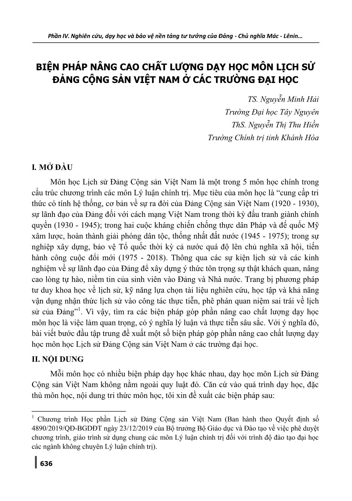 Biện pháp nâng cao chất lượng dạy học môn Lịch sử Đảng Cộng sản Việt Nam ở các trường đại học trang 1