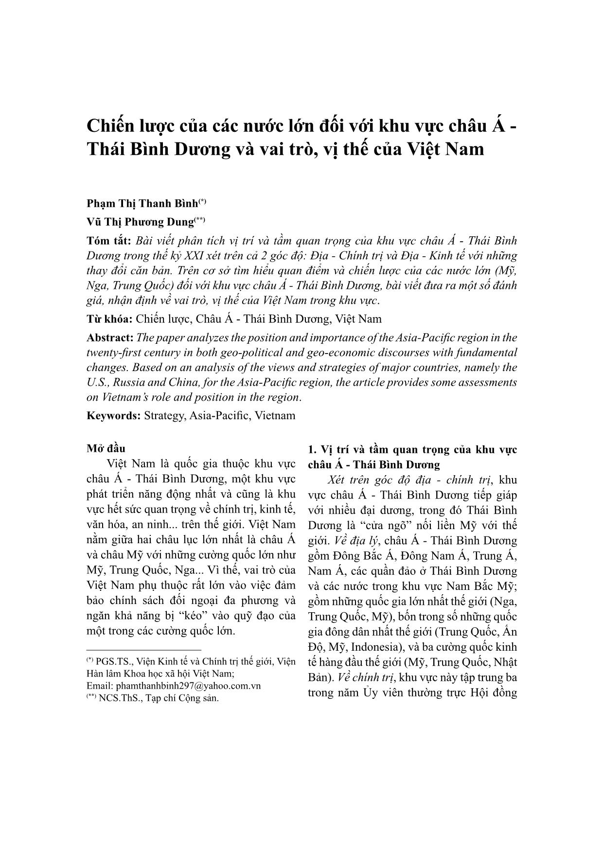 Chiến lược của các nước lớn đối với khu vực châu Á - Thái Bình Dương và vai trò, vị thế của Việt Nam trang 1