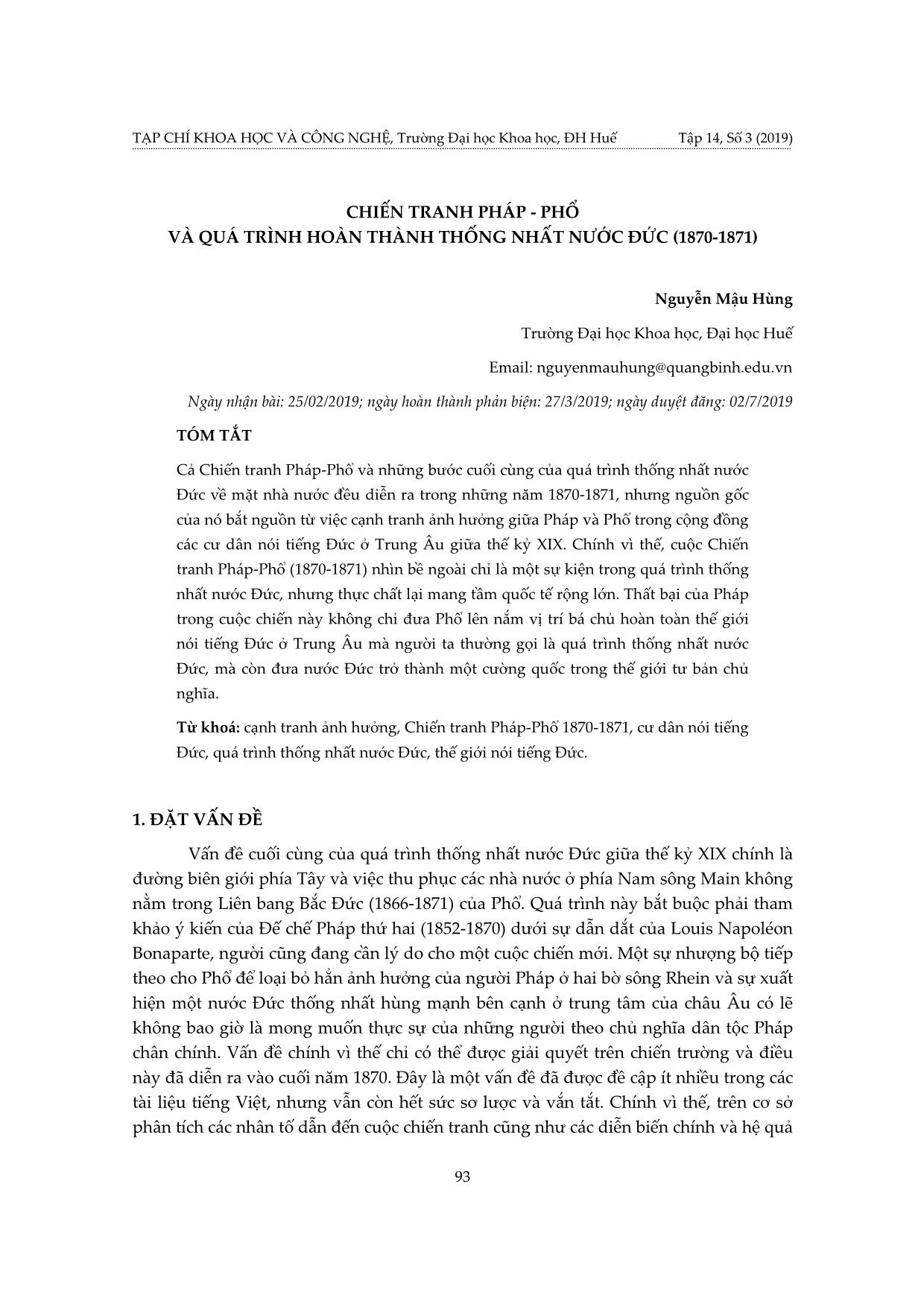 Chiến tranh Pháp - Phổ và quá trình hoàn thành thống nhất nước Đức (1870-1871) trang 1