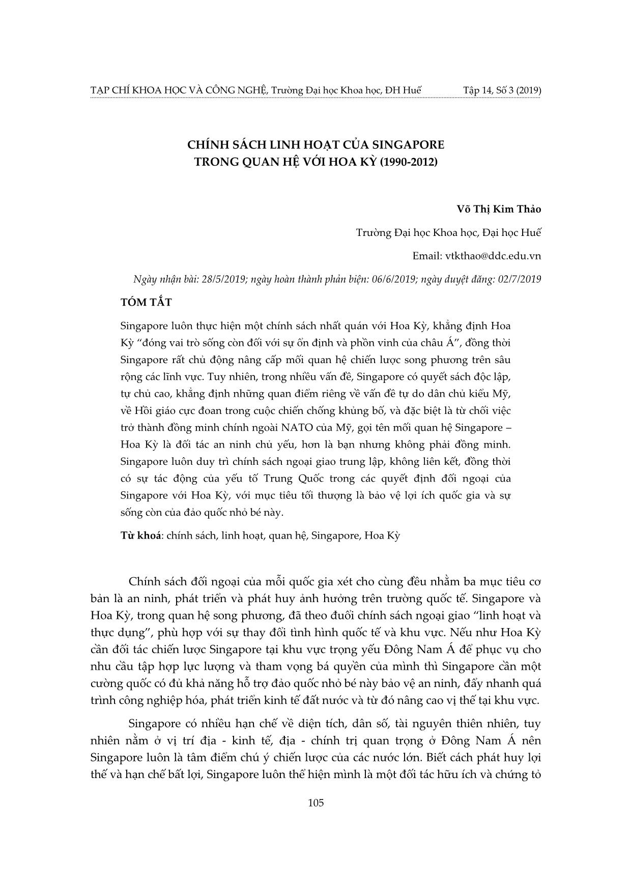 Chính sách linh hoạt của Singapore trong quan hệ với Hoa Kỳ (1990-2012) trang 1