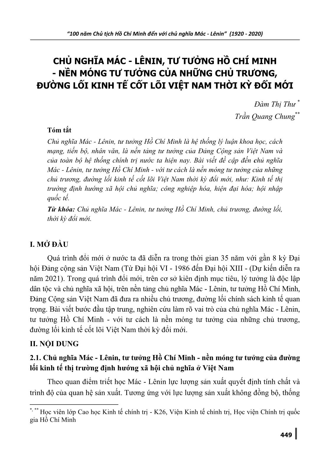 Chủ nghĩa Mác-Lênin, Tư tưởng Hồ Chí Minh - Nền móng tư tưởng của những chủ trương, đường lối kinh tế cốt lõi Việt Nam thời kỳ đổi mới trang 1