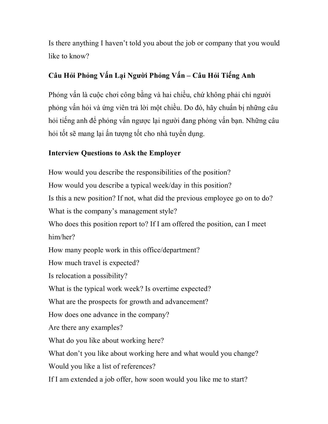 Câu hỏi phỏng vấn bằng tiếng Anh và trả lời trang 4