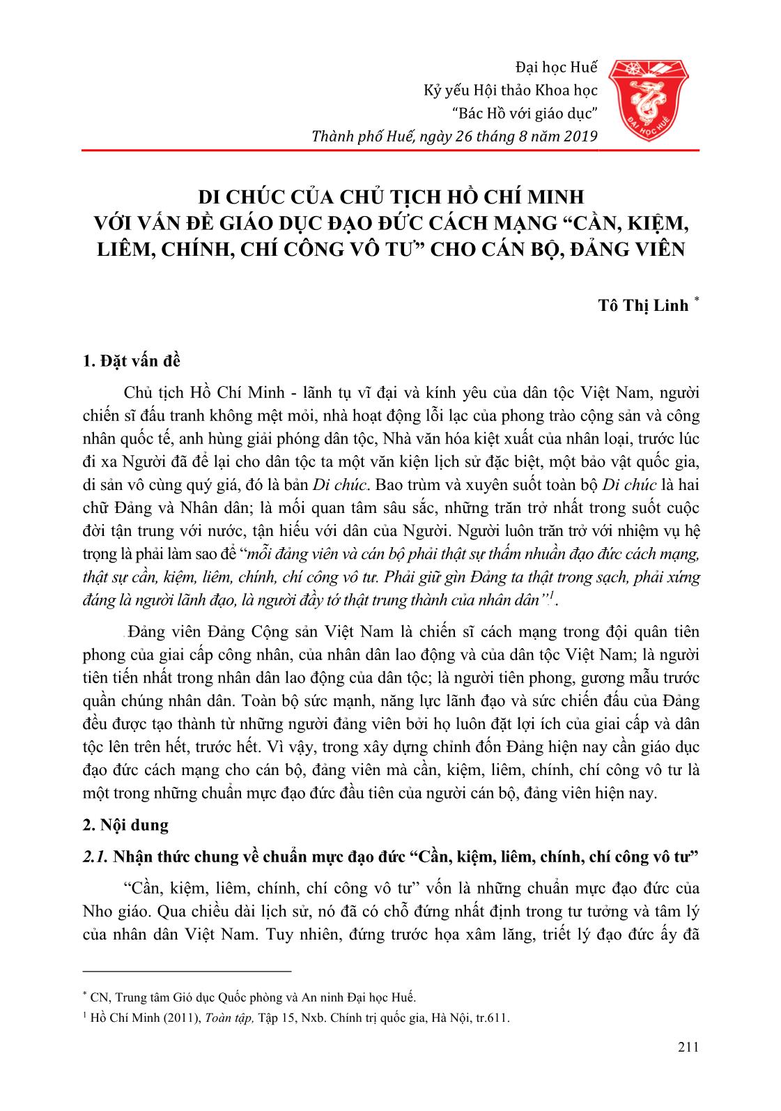 Di chúc của Chủ tịch Hồ Chí Minh với vấn đề giáo dục đạo đức cách mạng “Cần, kiệm, liêm, chính, chí công vô tư” cho cán bộ, đảng viên trang 1