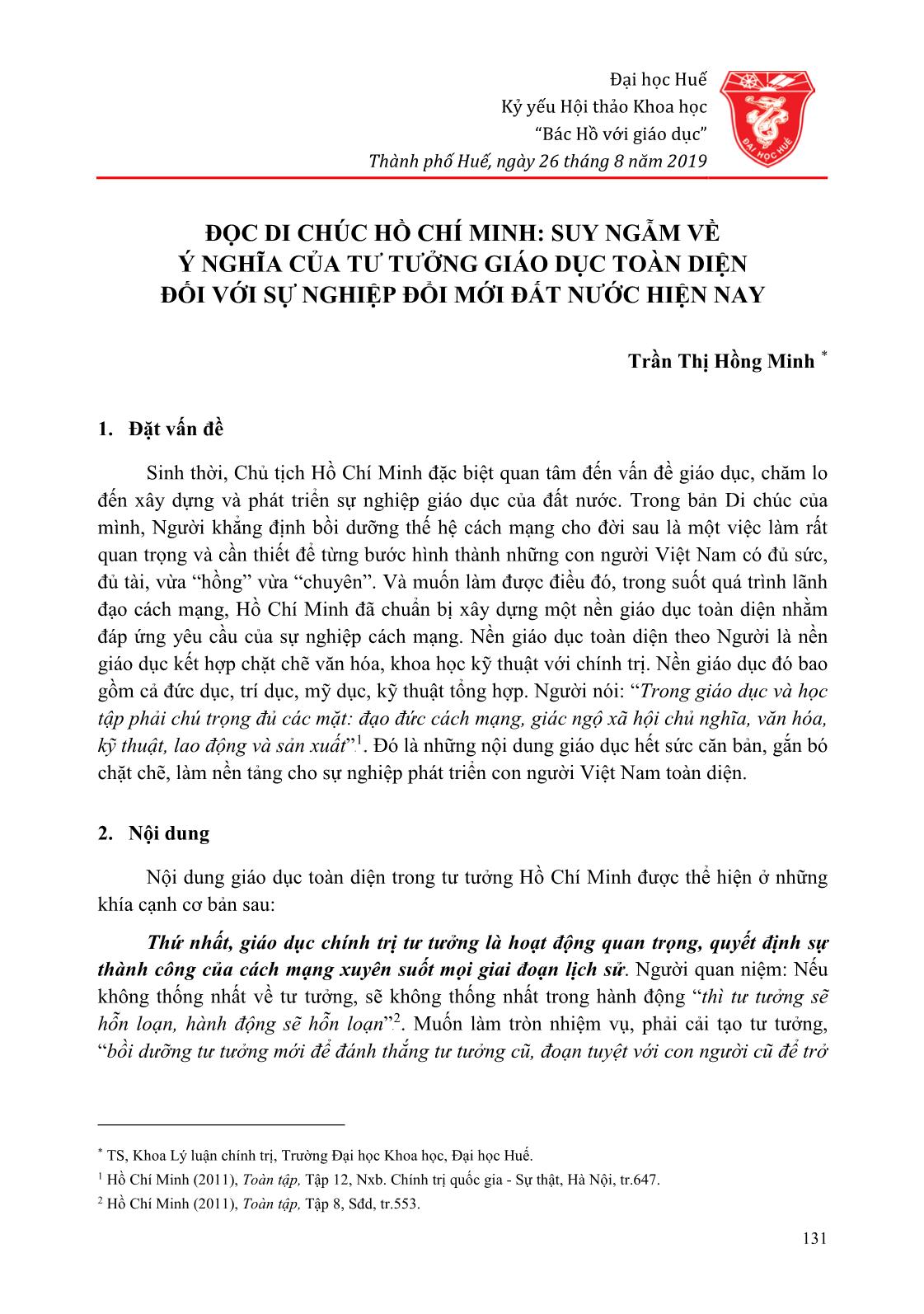 Đọc di chúc Hồ Chí Minh: Suy ngẫm về ý nghĩa của tư tưởng giáo dục toàn diện đối với sự nghiệp đổi mới đất nước hiện nay trang 1