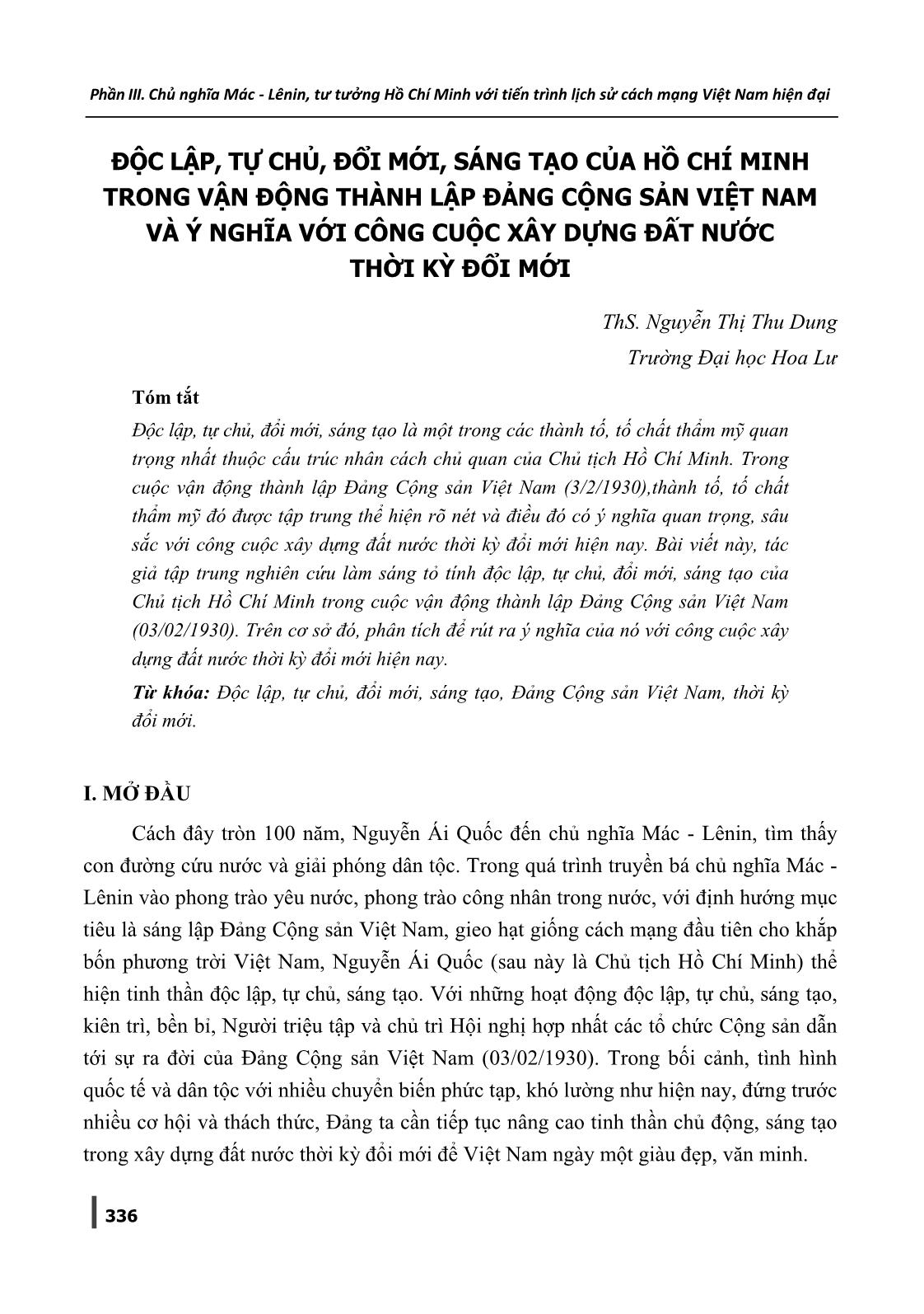 Độc lập, tự chủ, đổi mới, sáng tạo của Hồ Chí Minh trong vận động thành lập Đảng Cộng sản Việt Nam và ý nghĩa với công cuộc xây dựng đất nước thời kỳ đổi mới trang 1