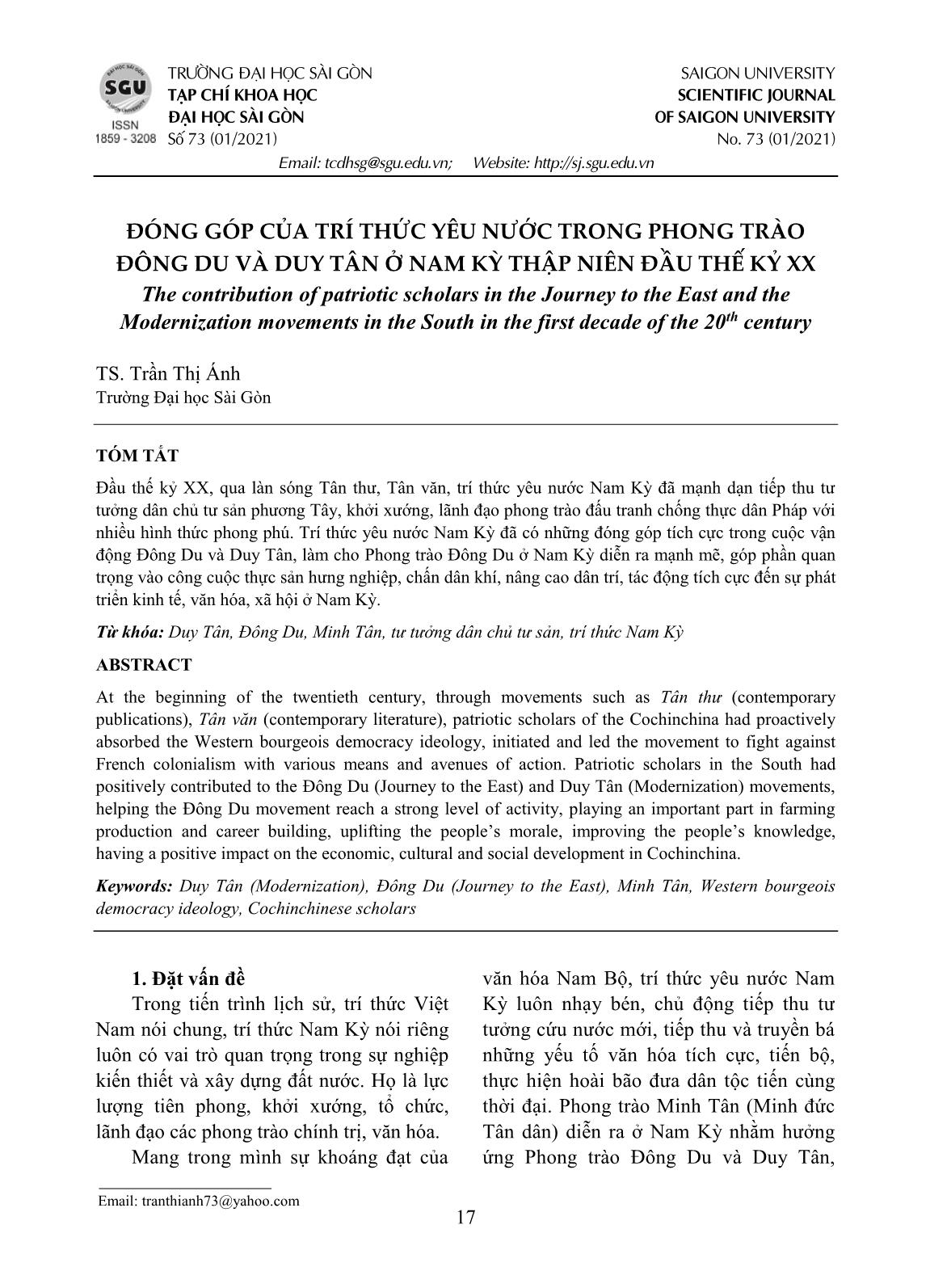 Đóng góp của trí thức yêu nước trong phong trào Đông Du và Duy Tân ở Nam Kỳ thập niên đầu thế kỷ XX trang 1