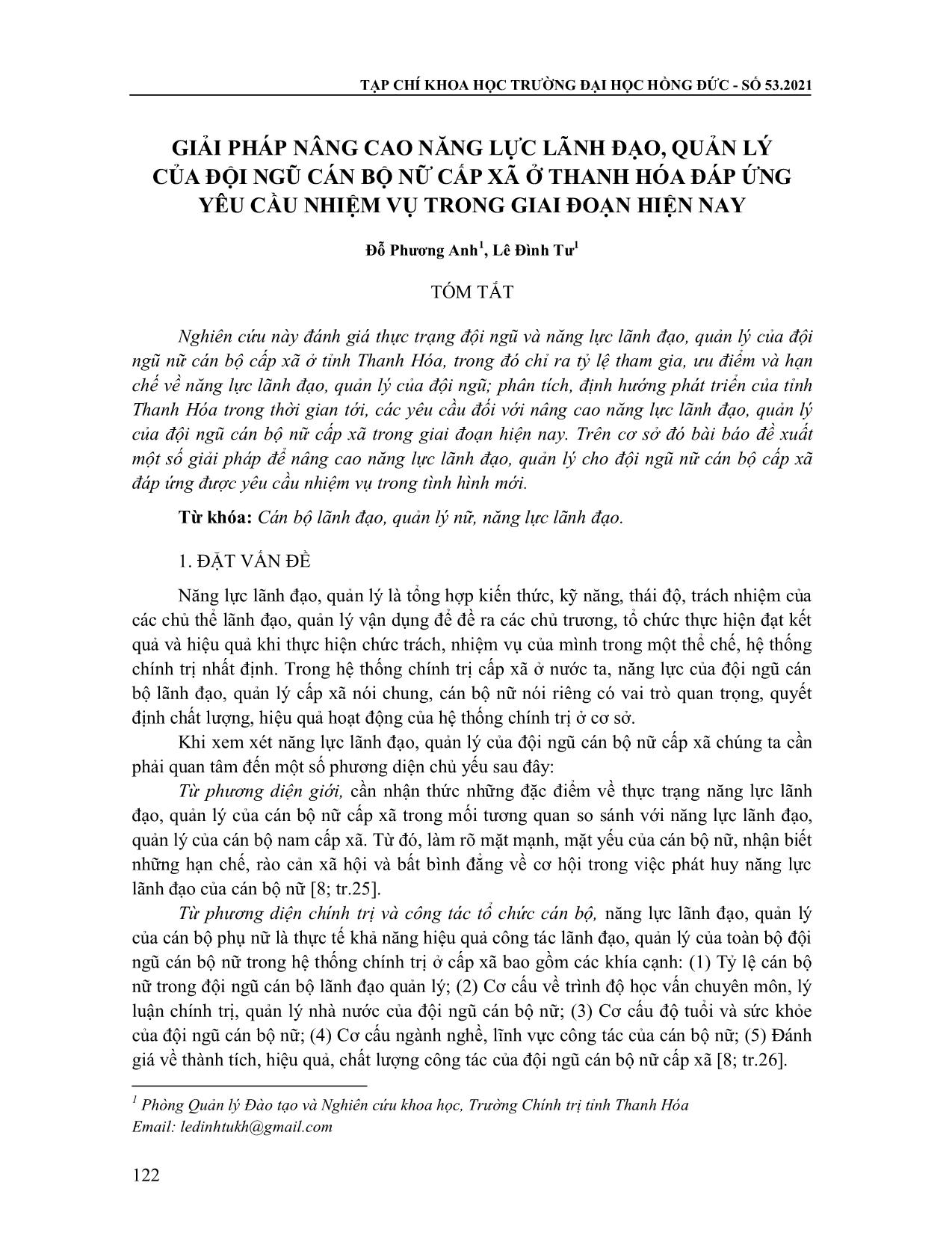 Giải pháp nâng cao năng lực lãnh đạo, quản lý của đội ngũ cán bộ nữ cấp xã ở Thanh Hóa đáp ứng yêu cầu nhiệm vụ trong giai đoạn hiện nay trang 1