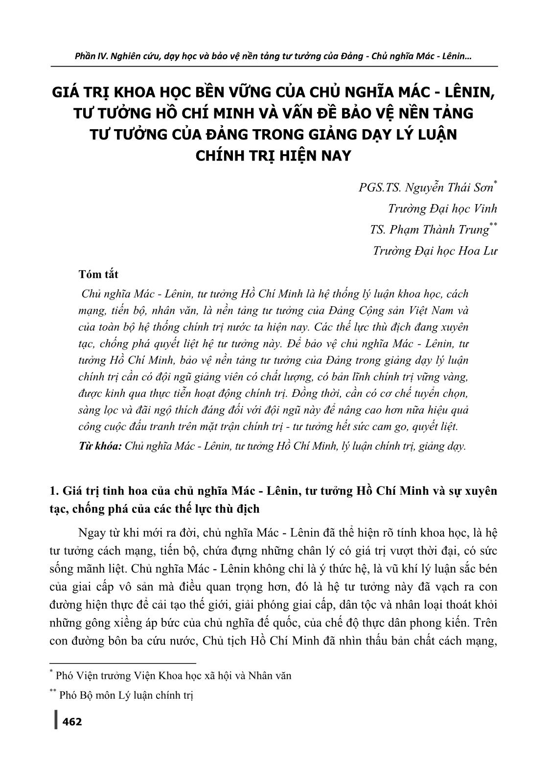 Giá trị khoa học bền vững của Chủ nghĩa Mác-Lênin, tư tưởng Hồ Chí Minh và vấn đề bảo vệ nền tảng tư tưởng của Đảng trong giảng dạy lý luận chính trị hiện nay trang 1