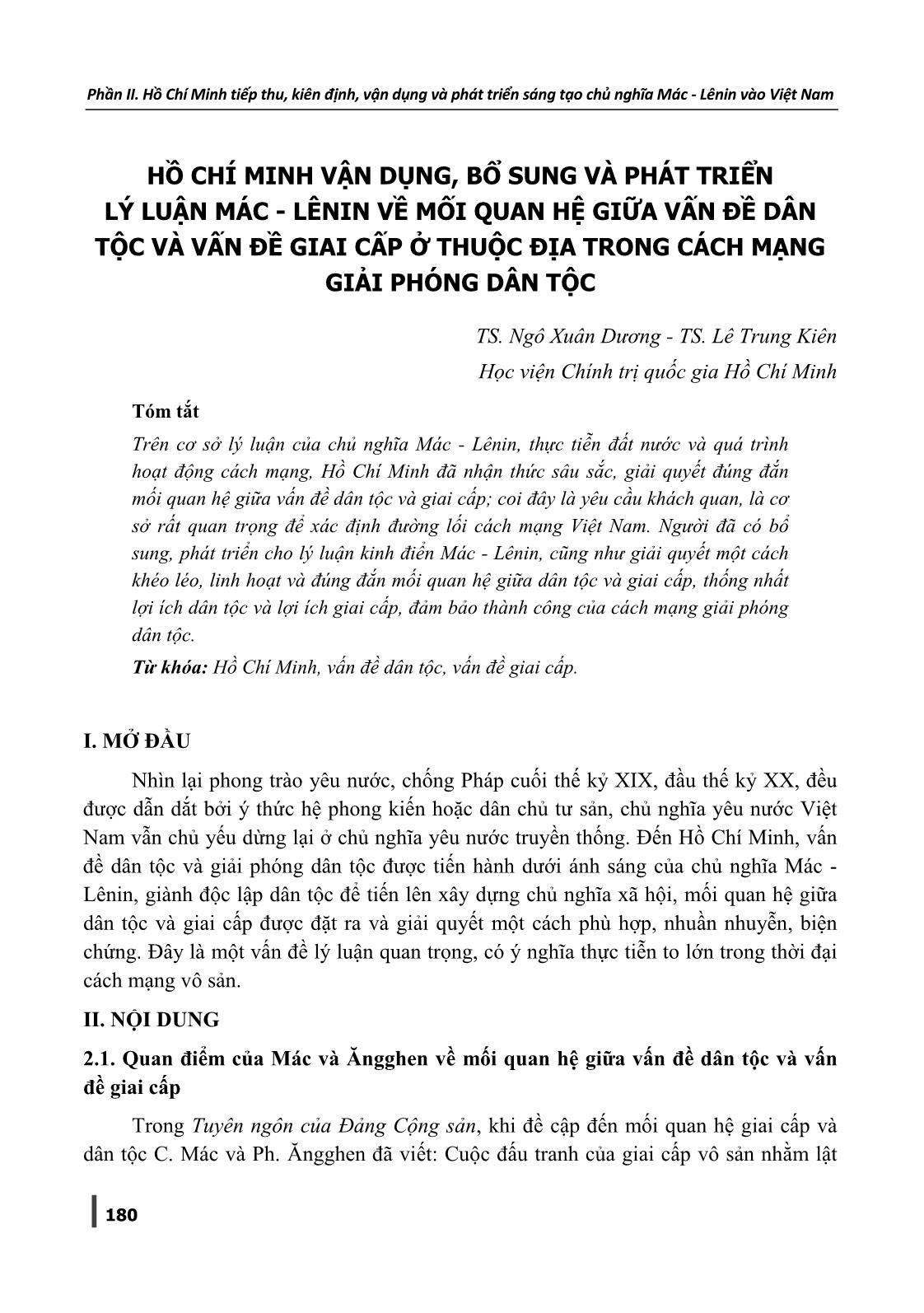 Hồ Chí Minh vận dụng, bổ sung và phát triển lý luận Mác-Lênin về mối quan hệ giữa vấn đề dân tộc và vấn đề giai cấp ở thuộc địa trong cách mạng giải phóng dân tộc trang 1