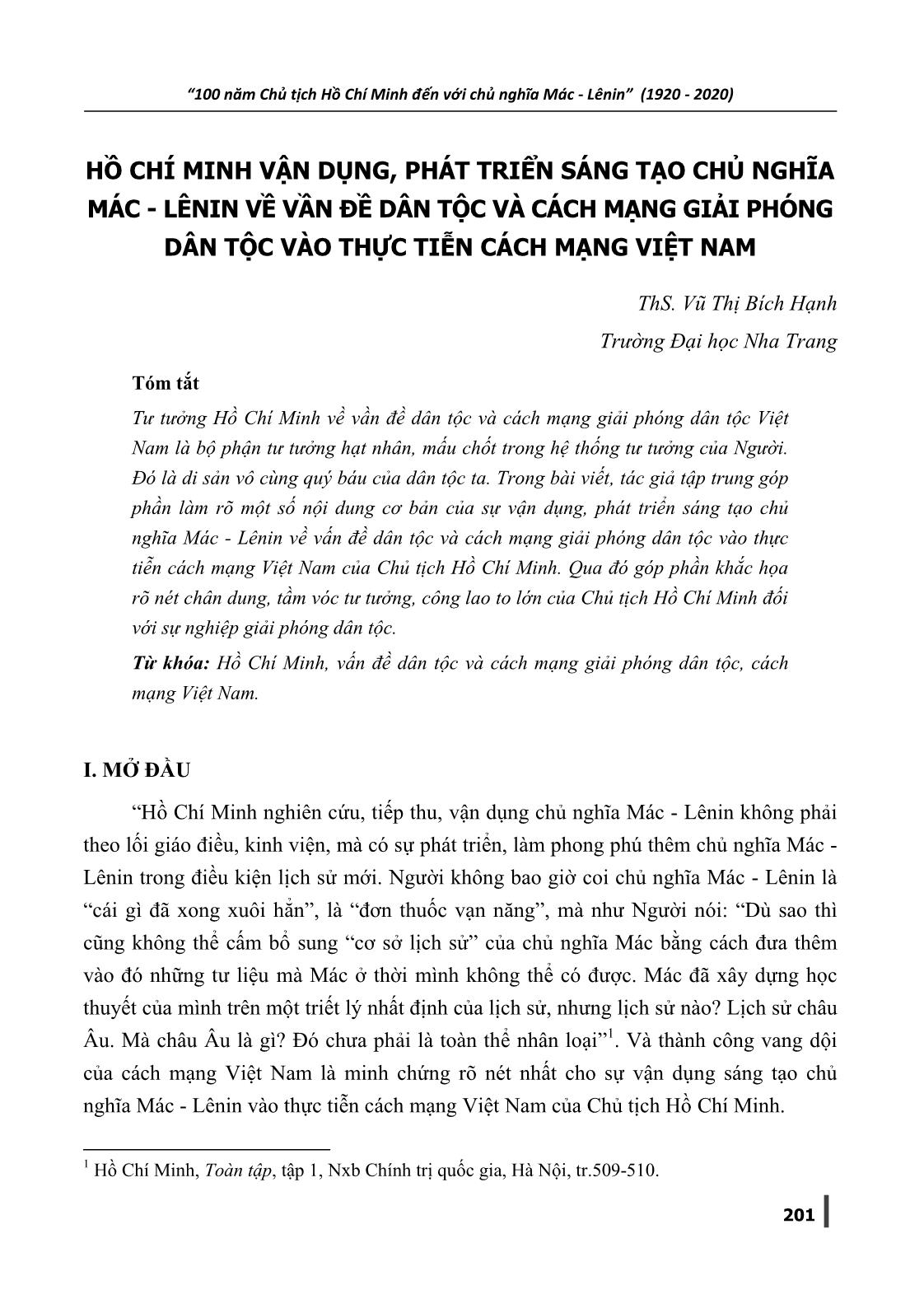 Hồ Chí Minh vận dụng, phát triển sáng tạo chủ nghĩa Mác-Lênin về vần đề dân tộc và cách mạng giải phóng dân tộc vào thực tiễn cách mạng Việt Nam trang 1