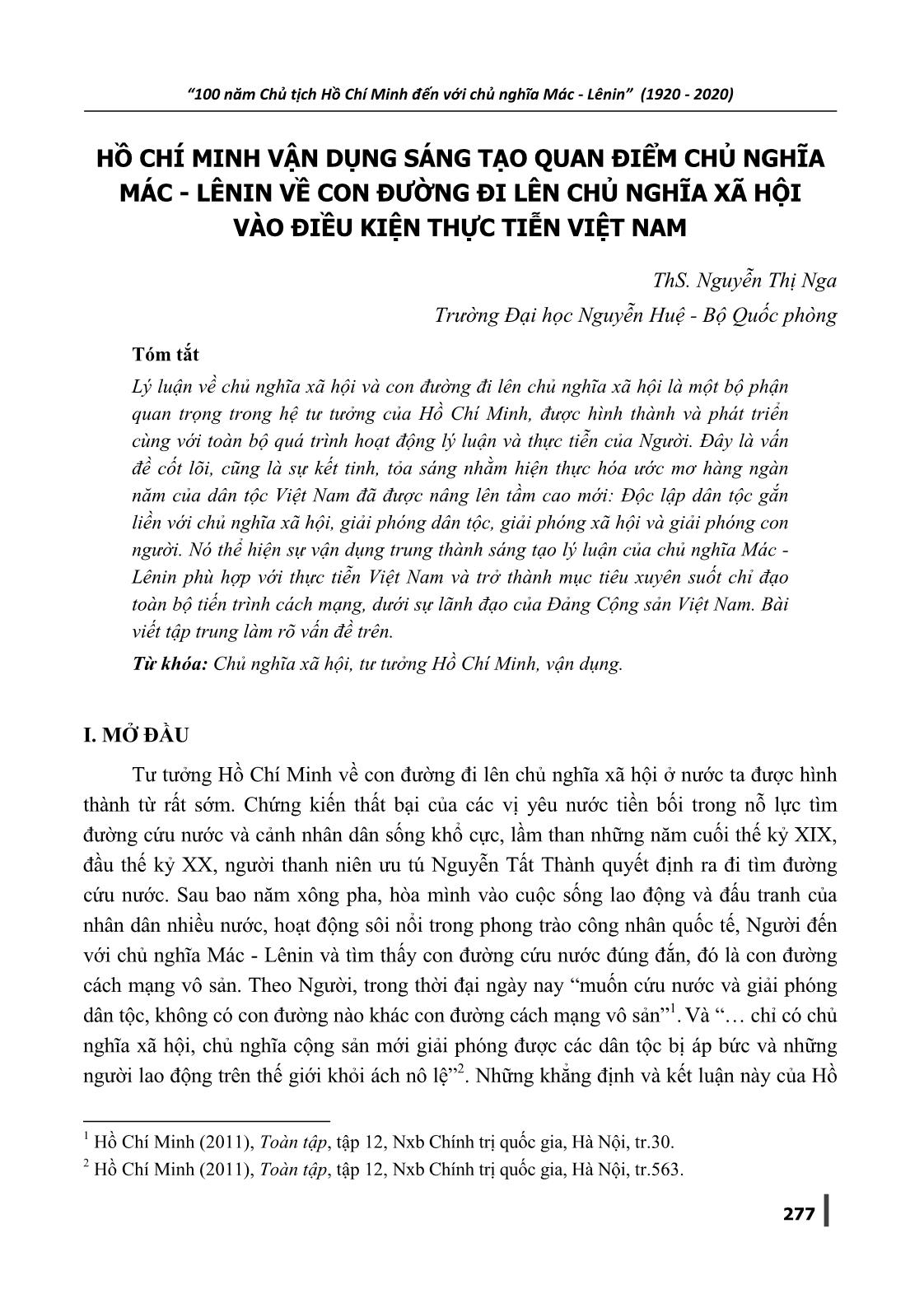 Hồ Chí Minh vận dụng sáng tạo quan điểm Chủ nghĩa Mác-Lênin về con đường đi lên chủ nghĩa xã hội vào điều kiện thực tiễn Việt Nam trang 1