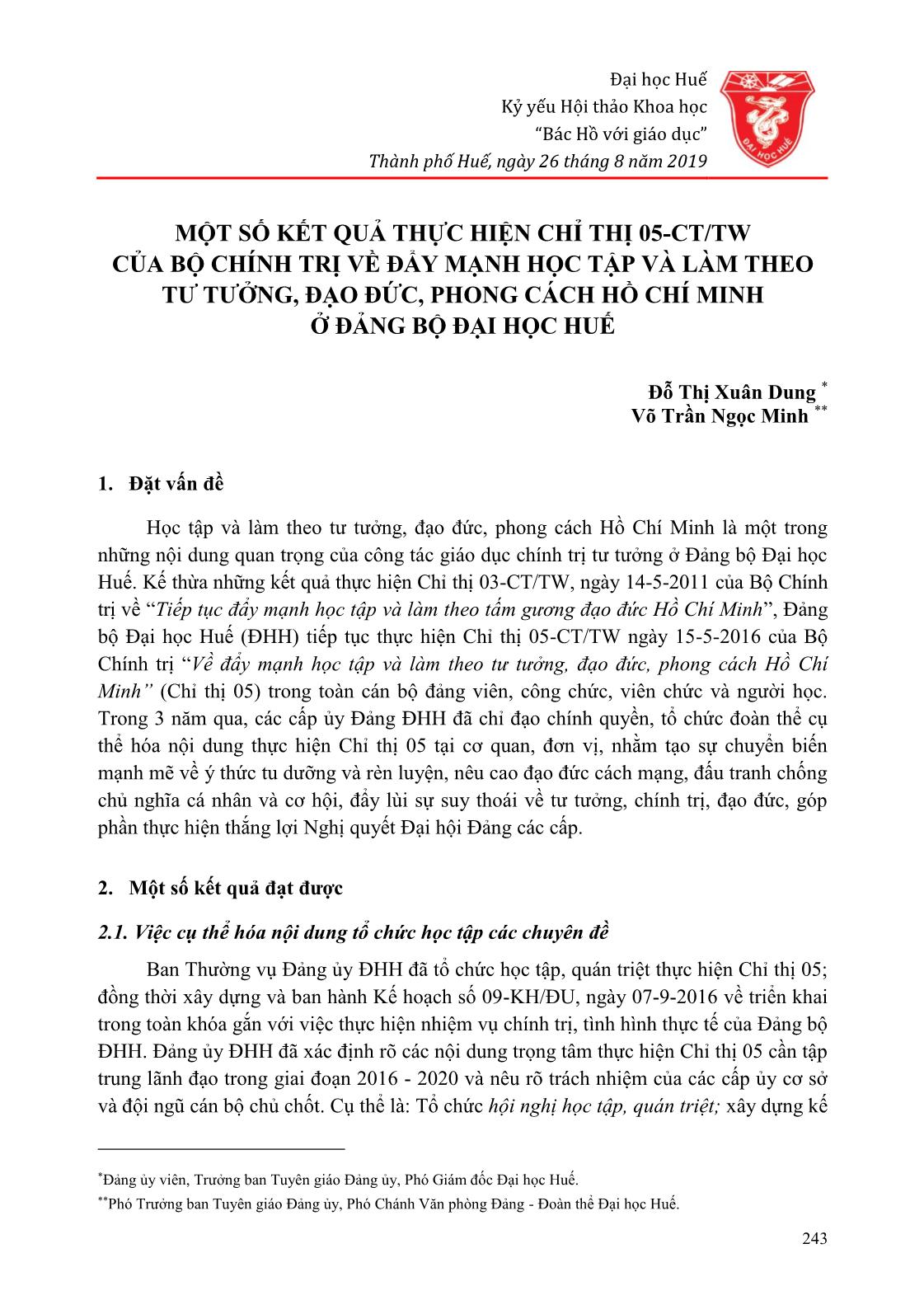 Một số kết quả thực hiện chỉ thị 05-CT/TW của Bộ chính trị về đẩy mạnh học tập và làm theo tư tưởng, đạo đức, phong cách Hồ Chí Minh ở Đảng bộ Đại học Huế trang 1