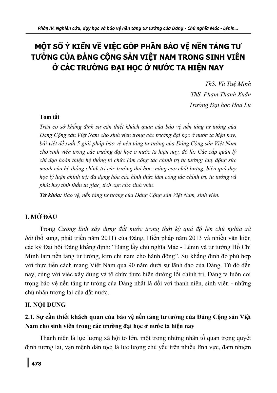 Một số ý kiến về việc góp phần bảo vệ nền tảng tư tưởng của Đảng Cộng sản Việt Nam trong sinh viên ở các trường đại học ở nước ta hiện nay trang 1