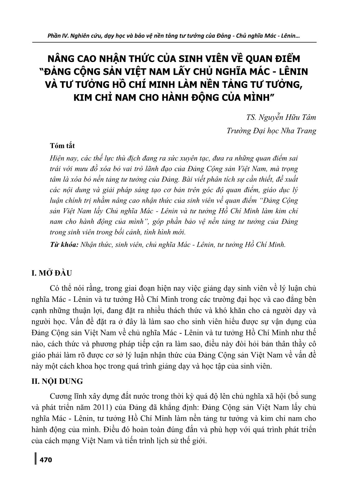 Nâng cao nhận thức của sinh viên về quan điểm “Đảng Cộng sản Việt Nam lấy chủ nghĩa mác - Lênin và tư tưởng Hồ Chí Minh làm nền tảng tư tưởng, kim chỉ nam cho hành động của mình” trang 1