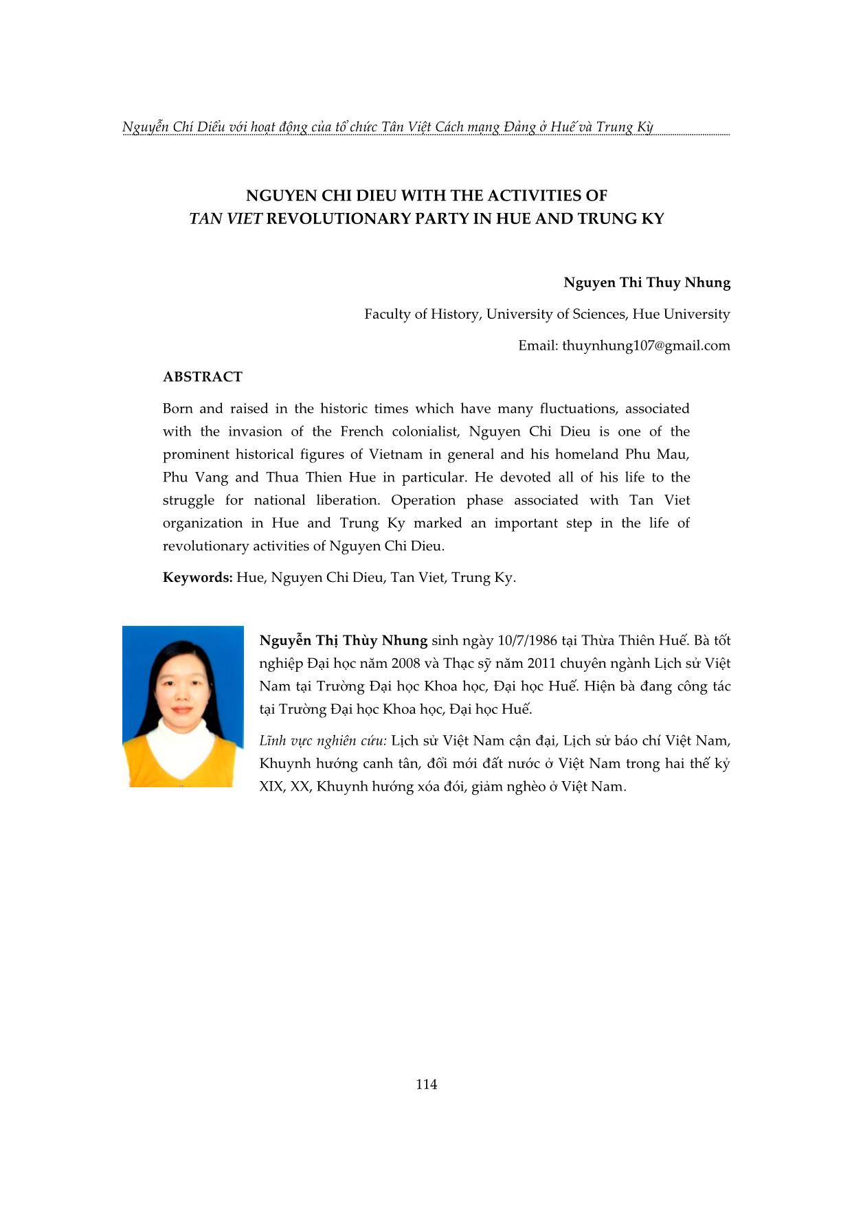 Nguyễn Chí Diểu với hoạt động của tổ chức Tân Việt cách mạng Đảng ở Huế và Trung Kỳ trang 10