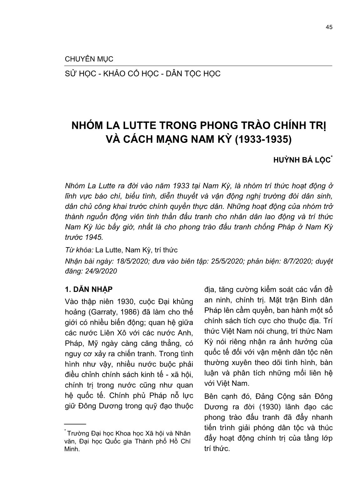 Nhóm La Lutte trong phong trào chính trị và cách mạng Nam Kỳ (1933-1935) trang 1