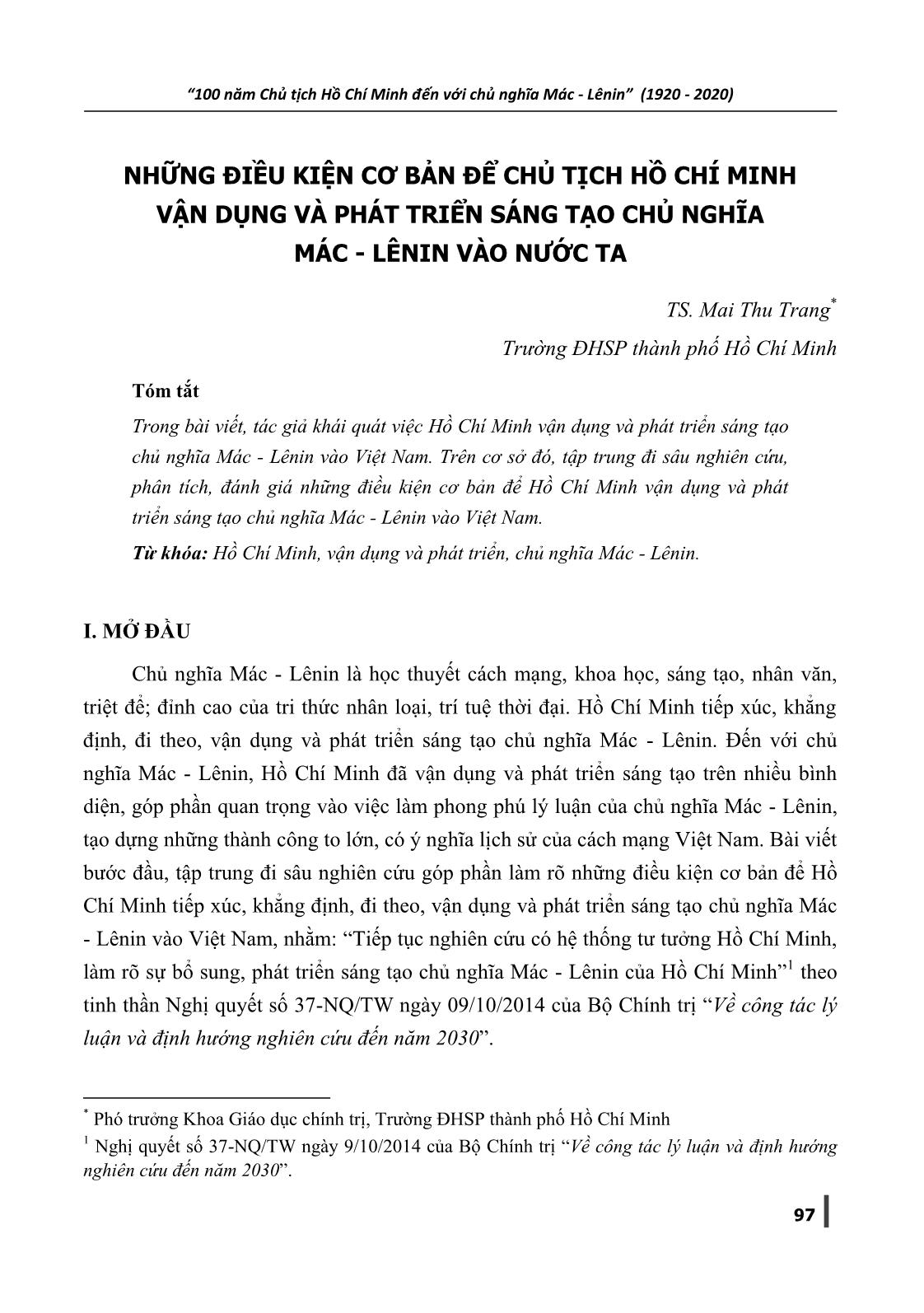 Những điều kiện cơ bản để Chủ tịch Hồ Chí Minh vận dụng và phát triển sáng tạo Chủ nghĩa Mác-Lênin vào nước ta trang 1