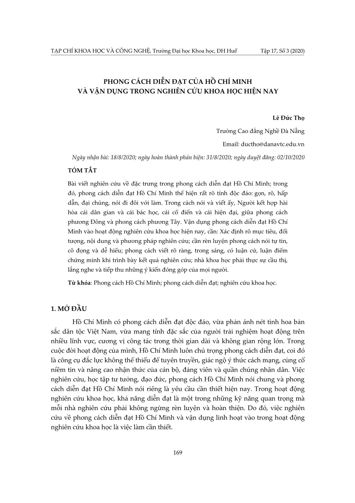 Phong cách diễn đạt của Hồ Chí Minh và vận dụng trong nghiên cứu khoa học hiện nay trang 1