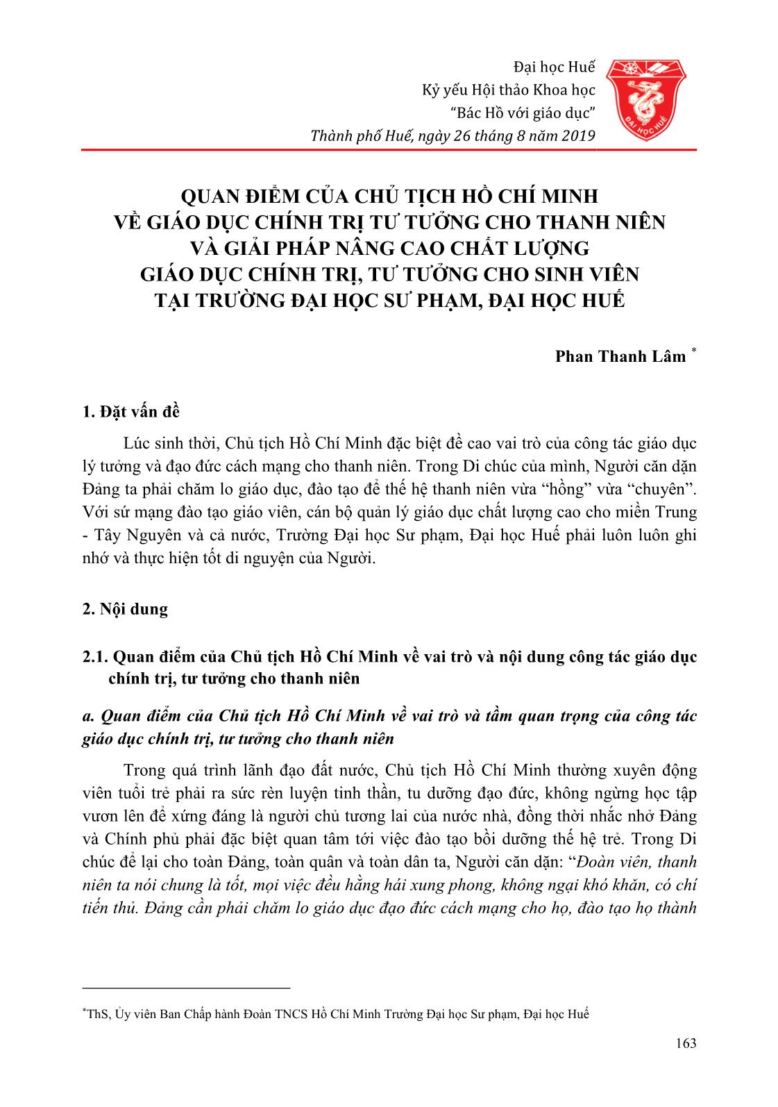 Quan điểm của Chủ tịch Hồ Chí Minh về giáo dục chính trị tư tưởng cho thanh niên và giải pháp nâng cao chất lượng giáo dục chính trị, tư tưởng cho sinh viên tại trường Đại học Sư phạm, Đại học Huế trang 1