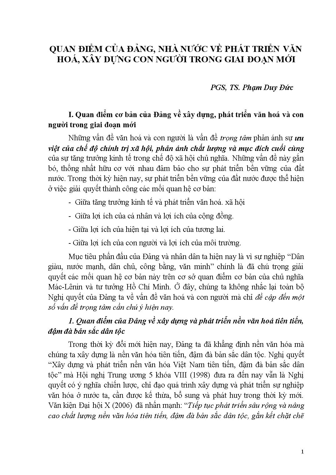 Quan điểm của Đảng, nhà nước về phát triển văn hoá, xây dựng con người trong giai đoạn mới trang 1