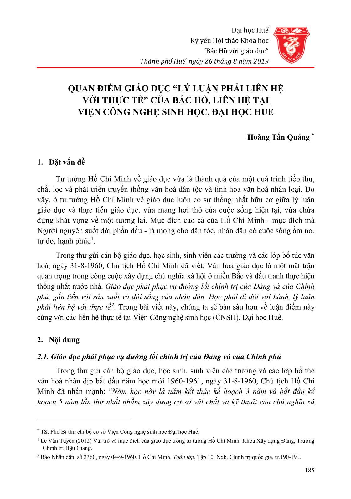 Quan điểm giáo dục “Lý luận phải liên hệ với thực tế” của Bác Hồ, liên hệ tại Viện Công nghệ Sinh học, Đại học Huế trang 1