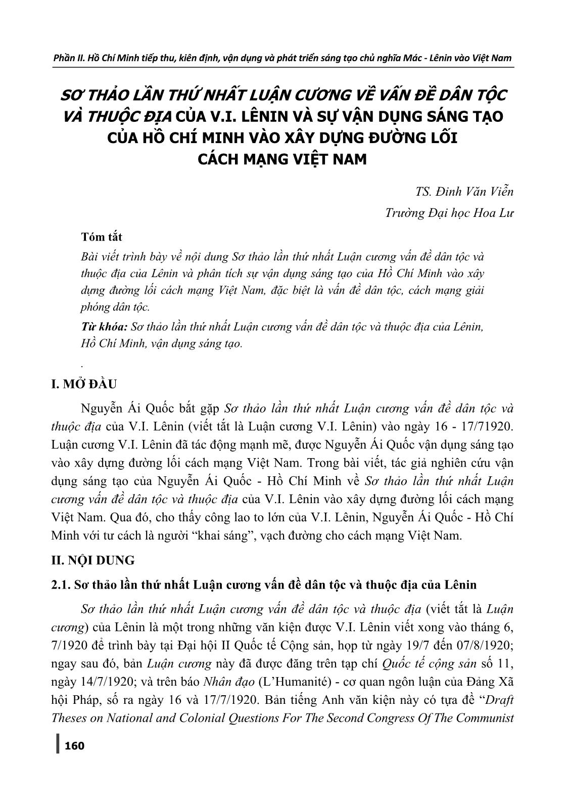 Sơ thảo lần thứ nhất luận cương về vấn đề dân tộc và thuộc địa của V.I. Lênin và sự vận dụng sáng tạo của Hồ Chí Minh vào xây dựng đường lối cách mạng Việt Nam trang 1