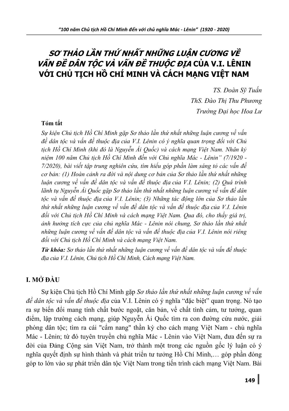 Sơ thảo lần thứ nhất những luận cương về vấn đề dân tộc và vấn đề thuộc địa của V.I. Lênin với Chủ tịch Hồ Chí Minh và cách mạng Việt Nam trang 1